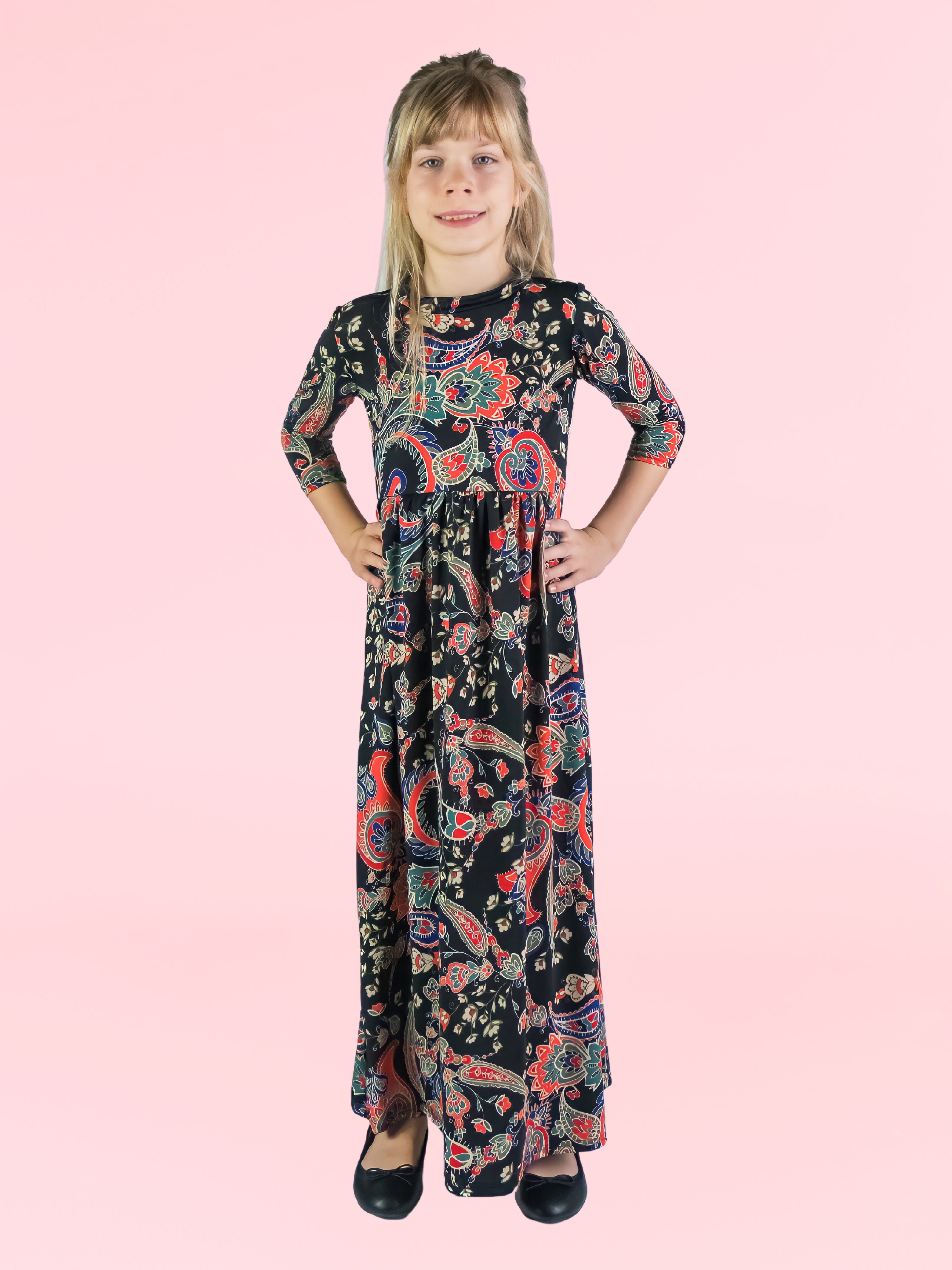 Girls Black and Red Paisley Three Quarter Sleeve Pleated Maxi Dress