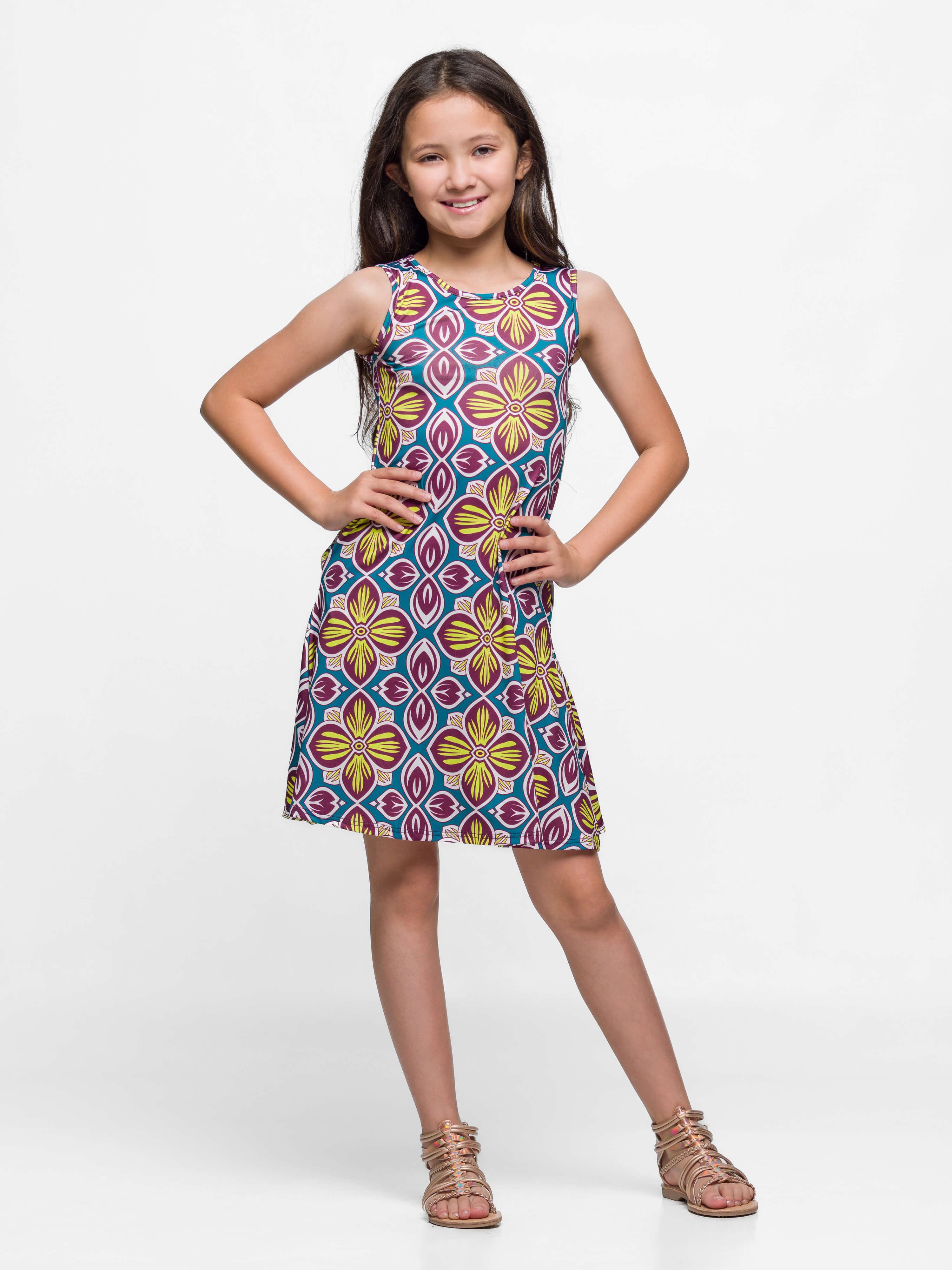 24sevenkid Girls Sleeveless Knee Length A Line Floral Print Pocket Dress