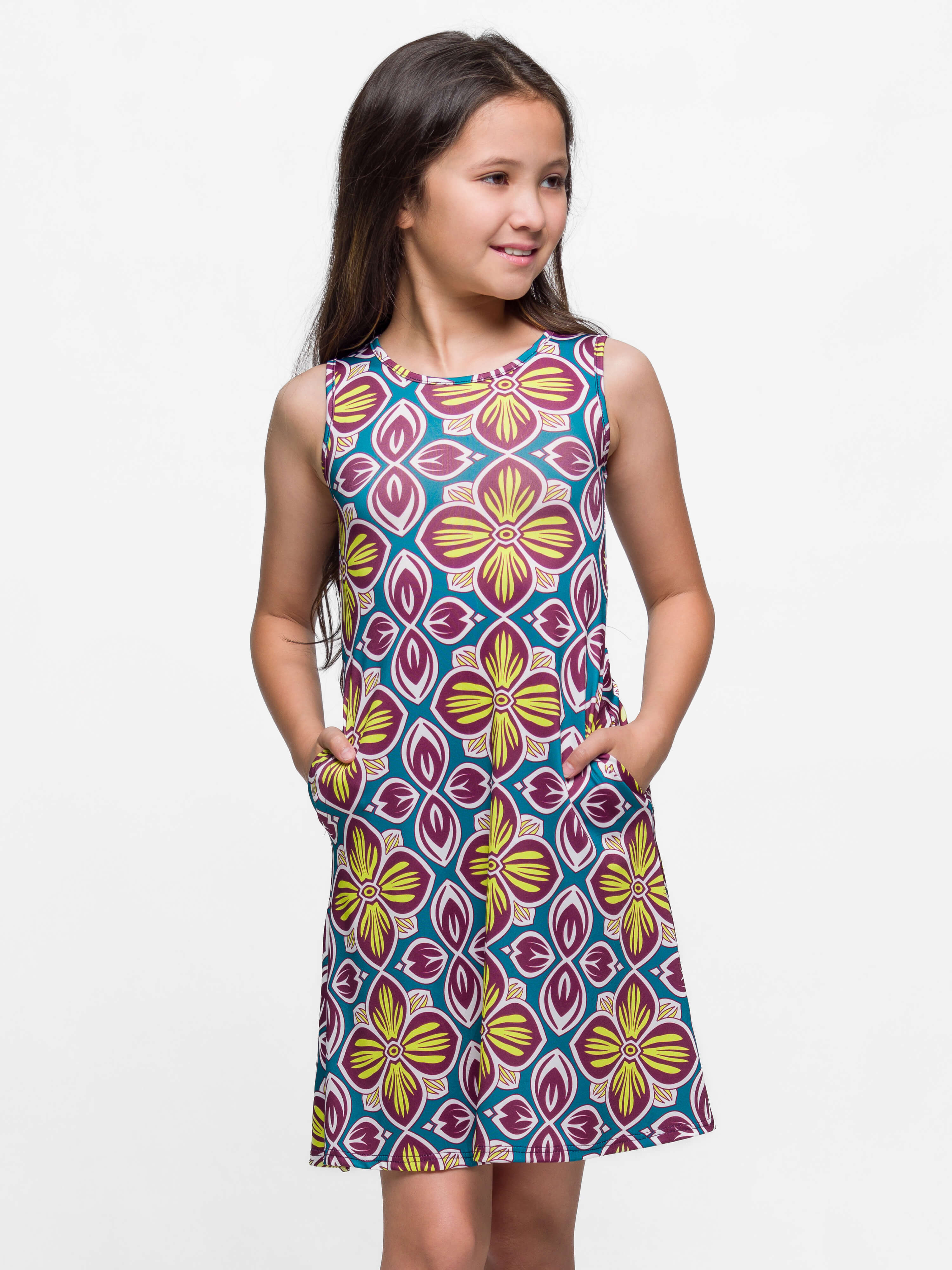 24sevenkid Girls Sleeveless Knee Length A Line Floral Print Pocket Dress