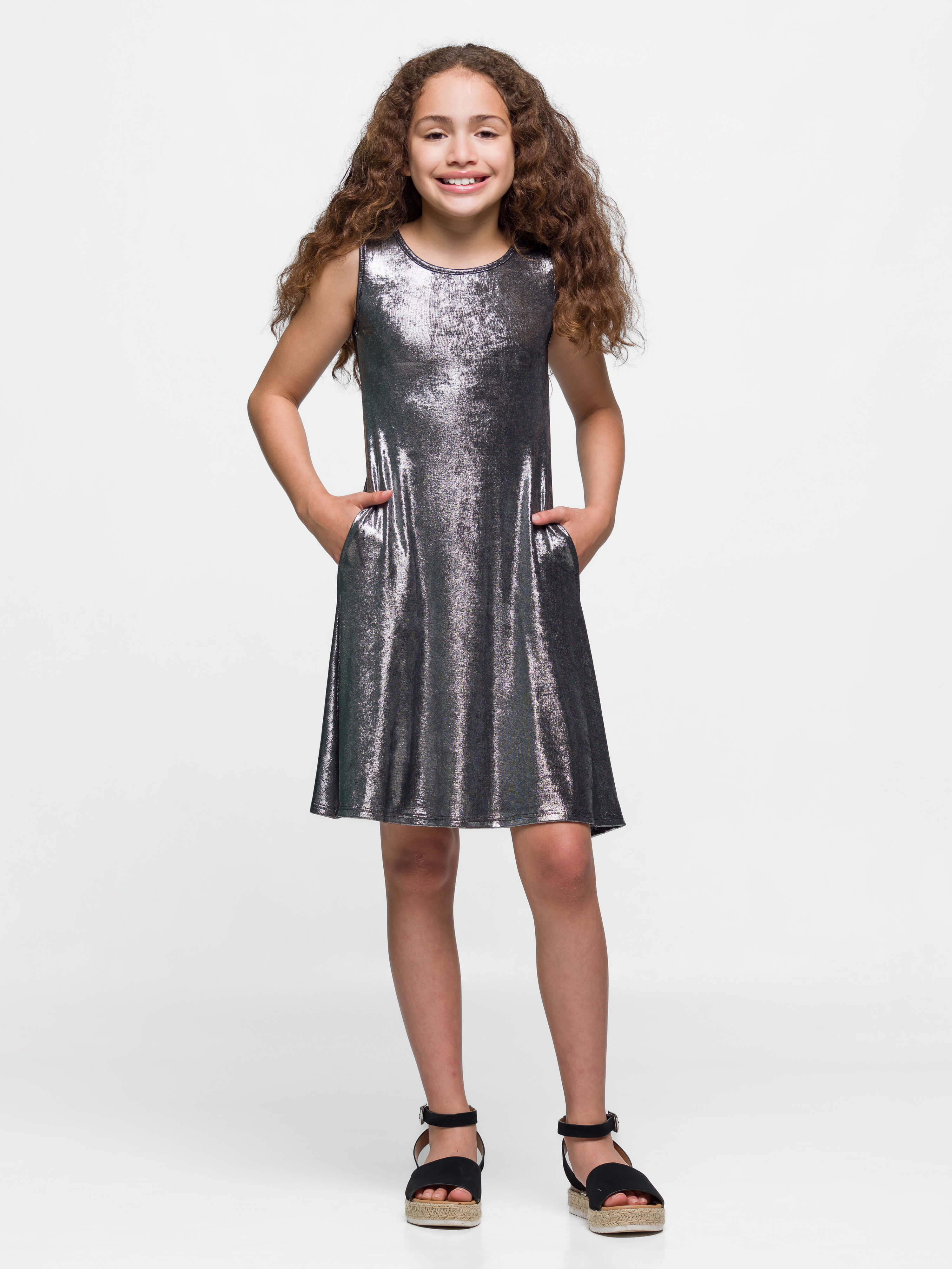 24sevenkid Girls Black Shimmery Metallic Sleeveless A Line Dress