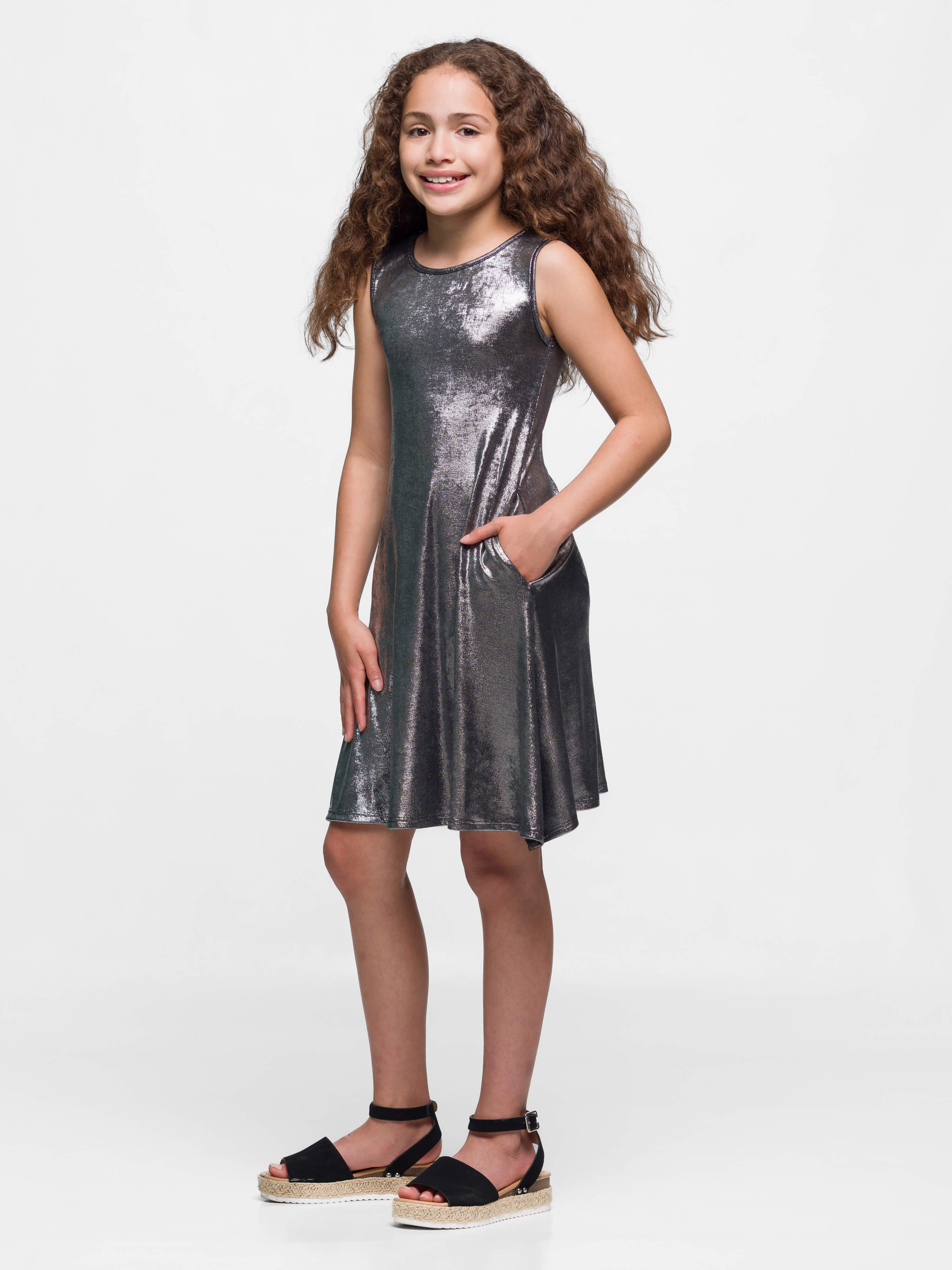 24sevenkid Girls Black Shimmery Metallic Sleeveless A Line Dress