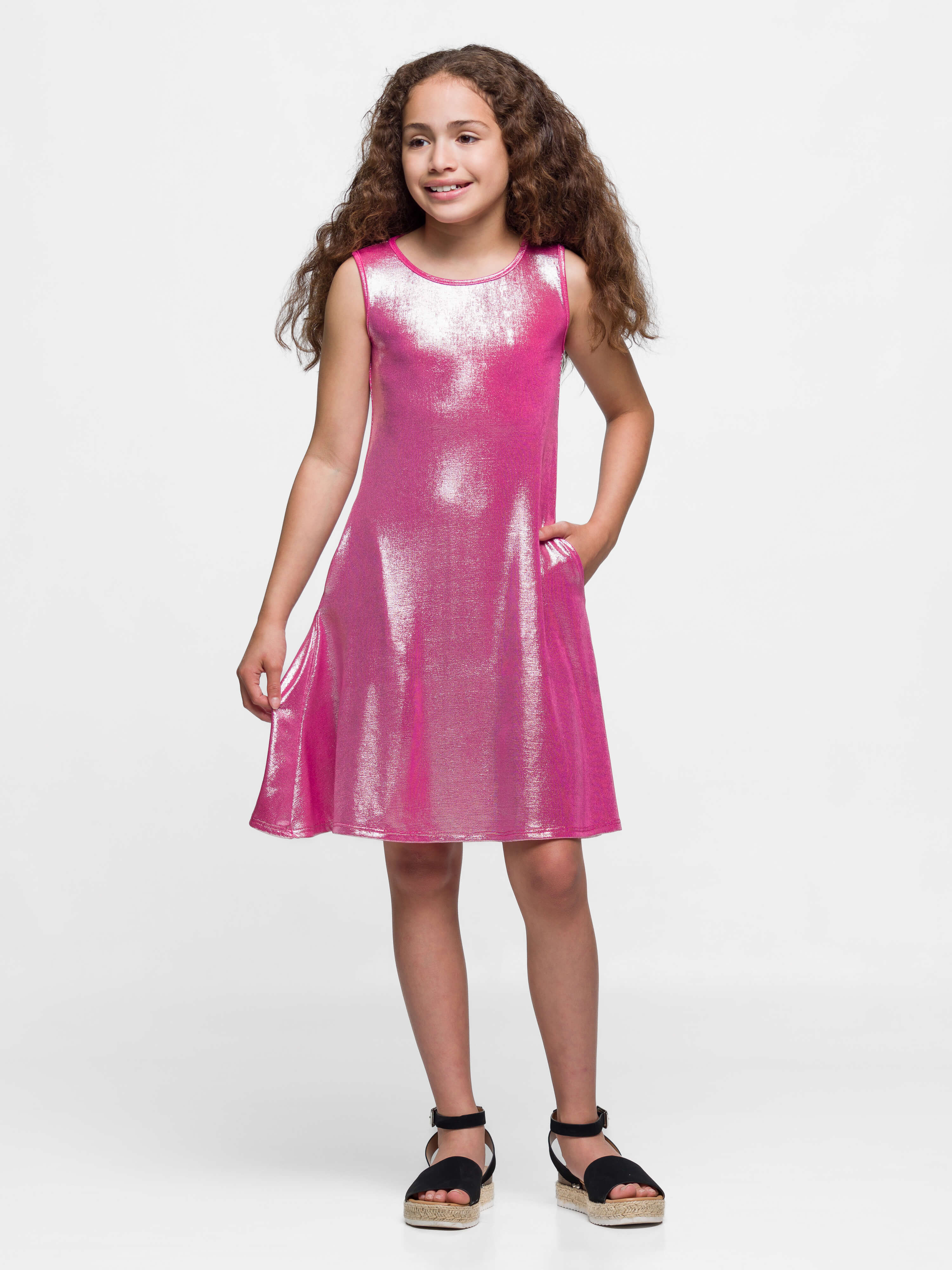 24sevenkid Girls Pink Shimmery Metallic Sleeveless A Line Dress