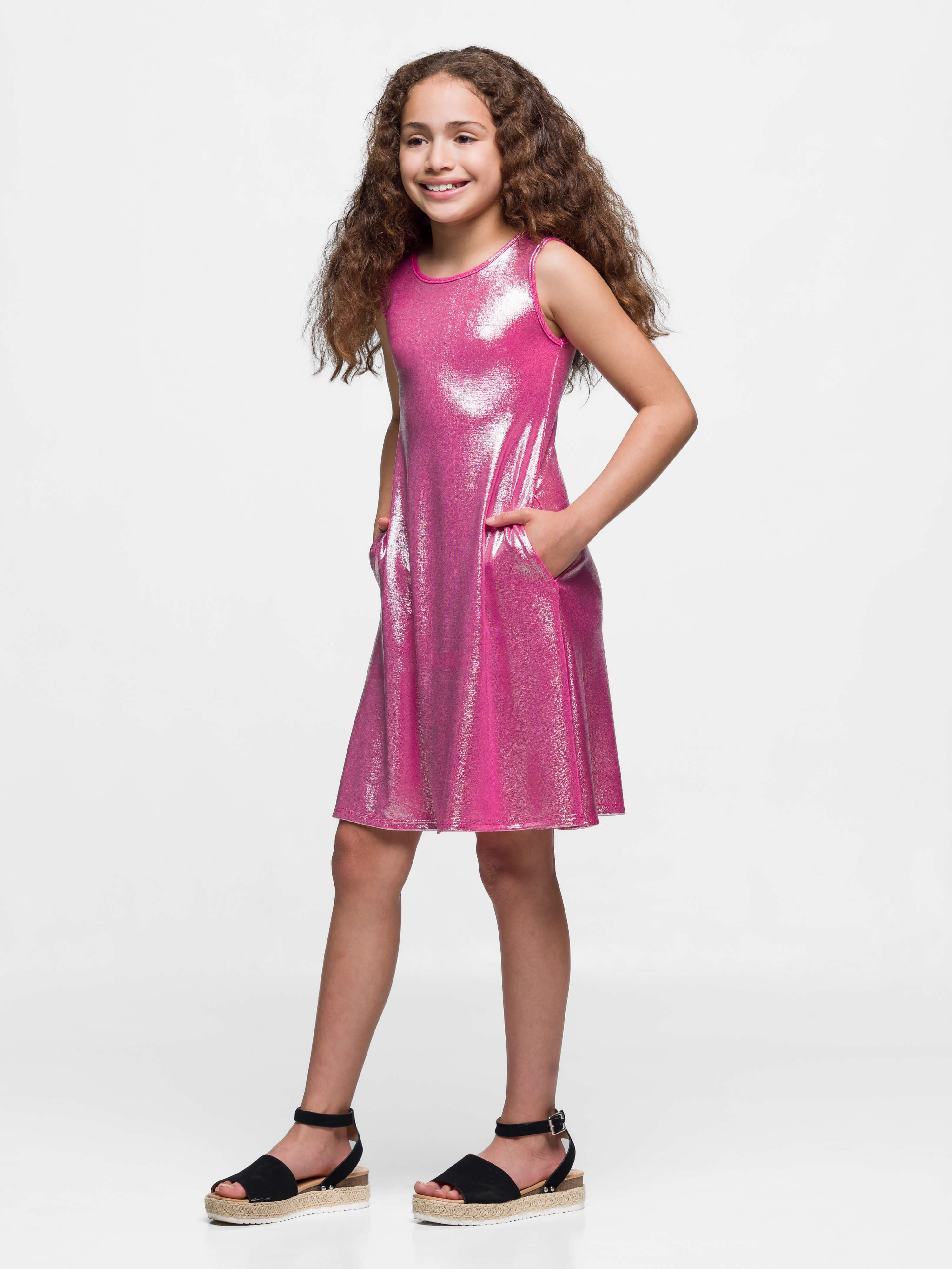 24sevenkid Girls Pink Shimmery Metallic Sleeveless A Line Dress