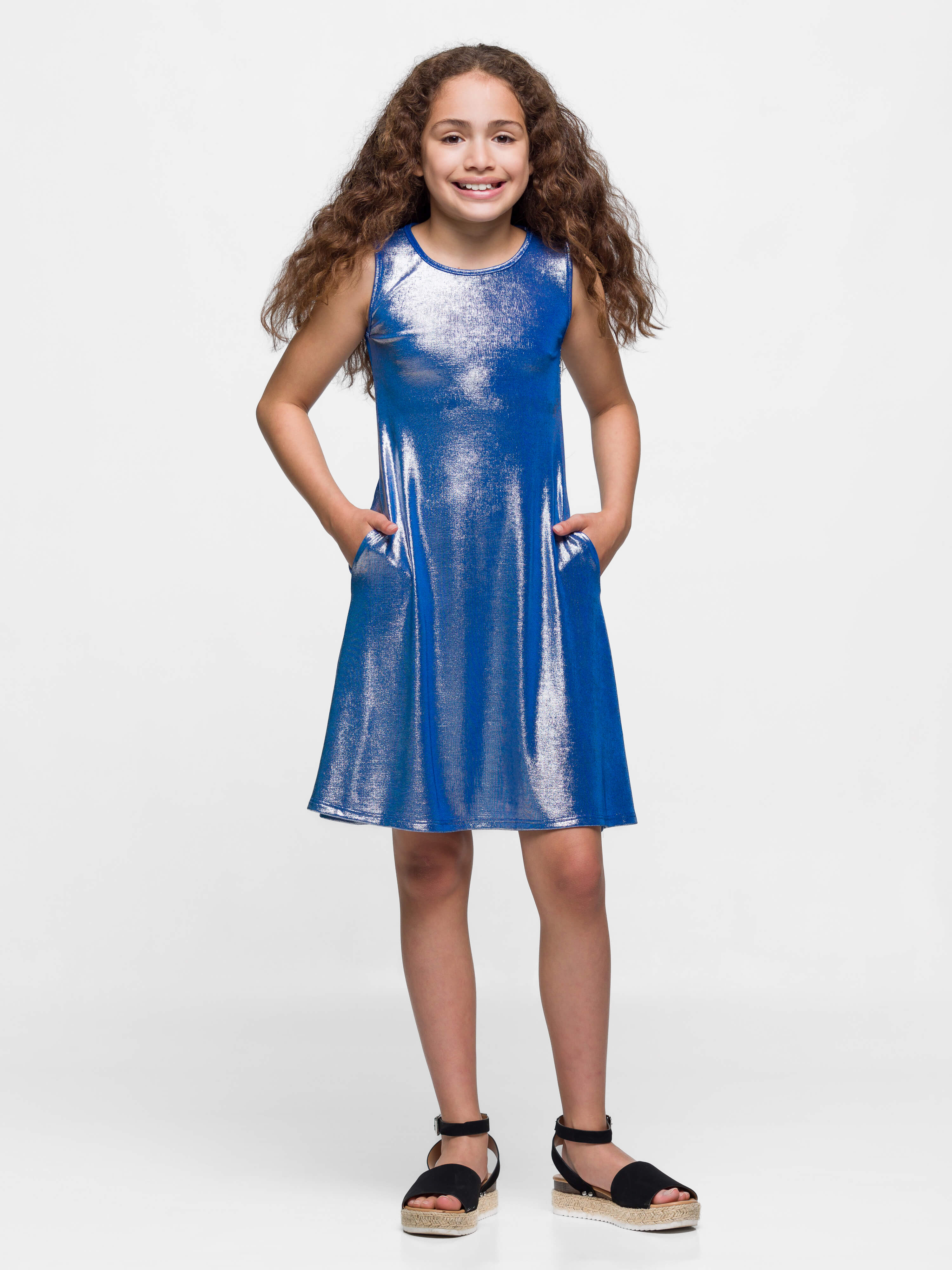 24sevenkid Girls Blue Shimmery Metallic Sleeveless A Line Dress