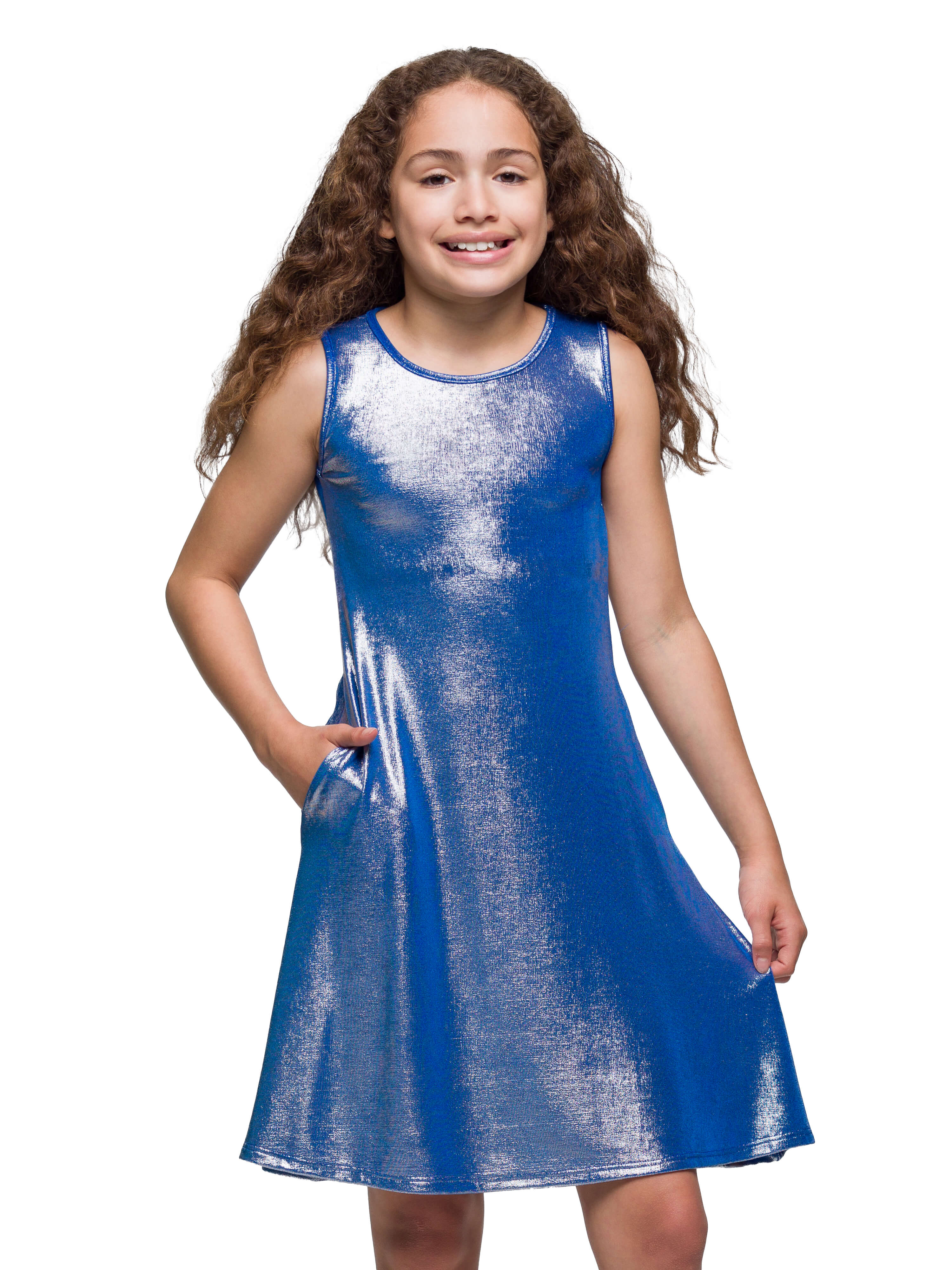24sevenkid Girls Blue Shimmery Metallic Sleeveless A Line Dress