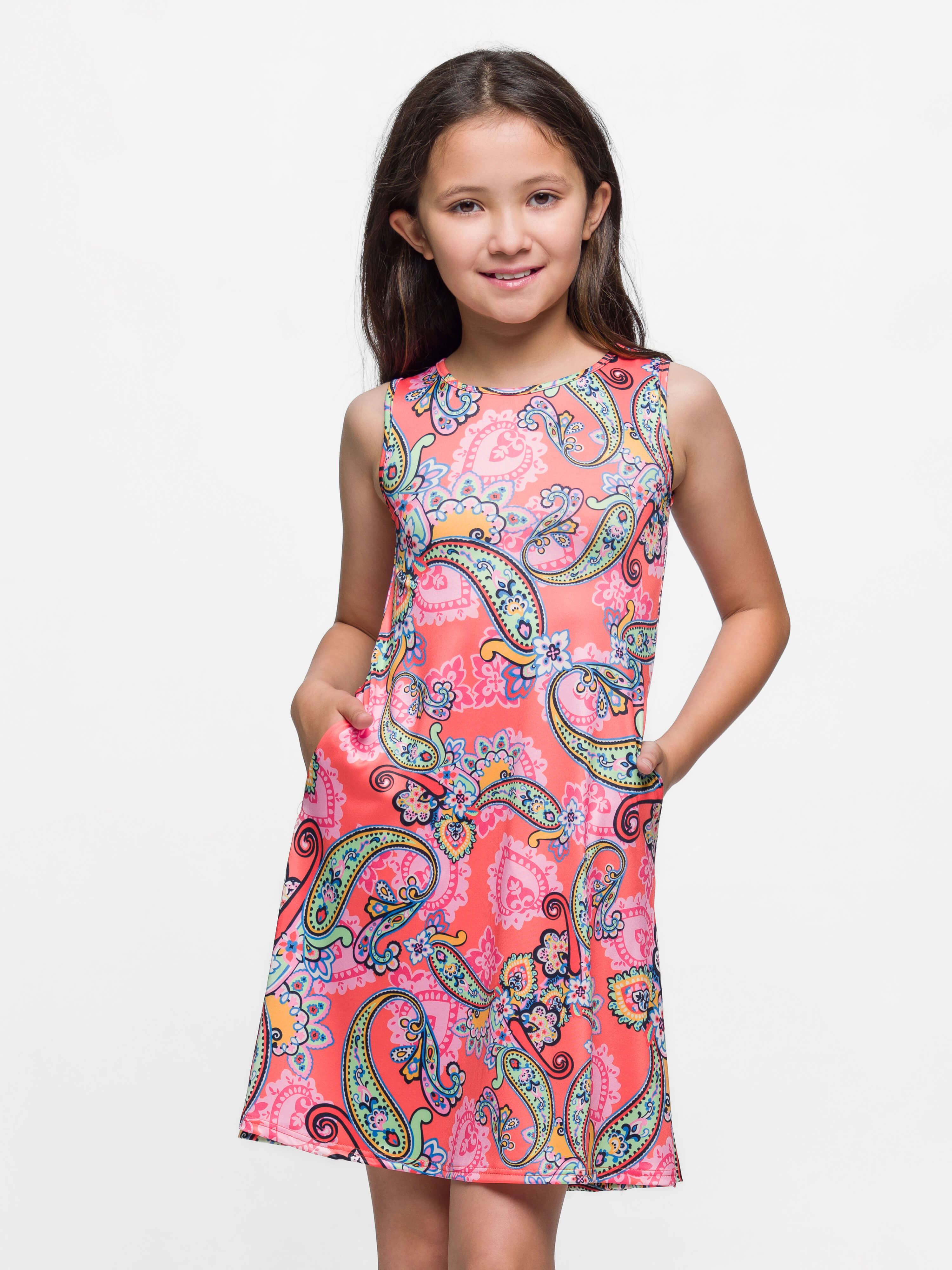 24sevenkid Girls Knee Length Sleeveless A Line Pink Paisley Pocket Dress
