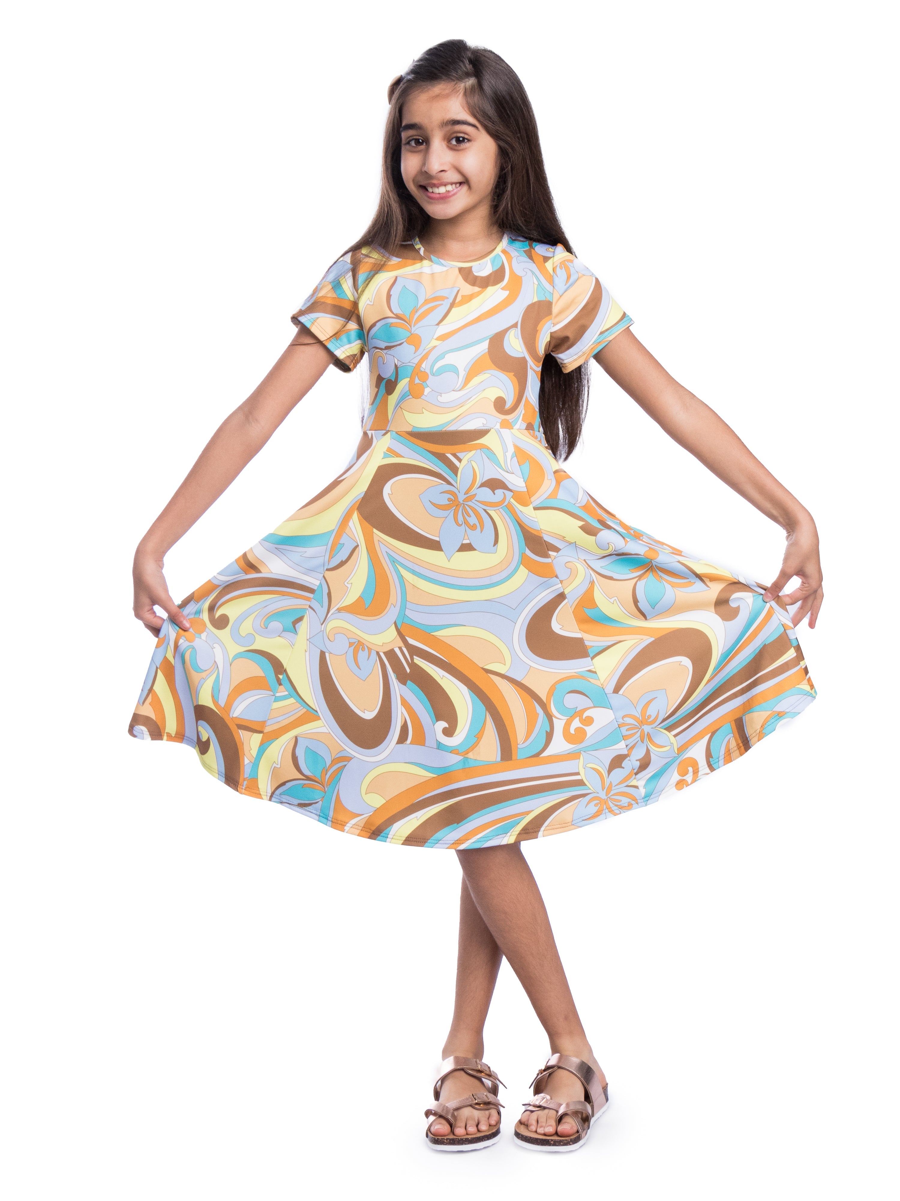 24sevenKid Girls Yellow Print Knee Length Short Sleeve Flowy Dress