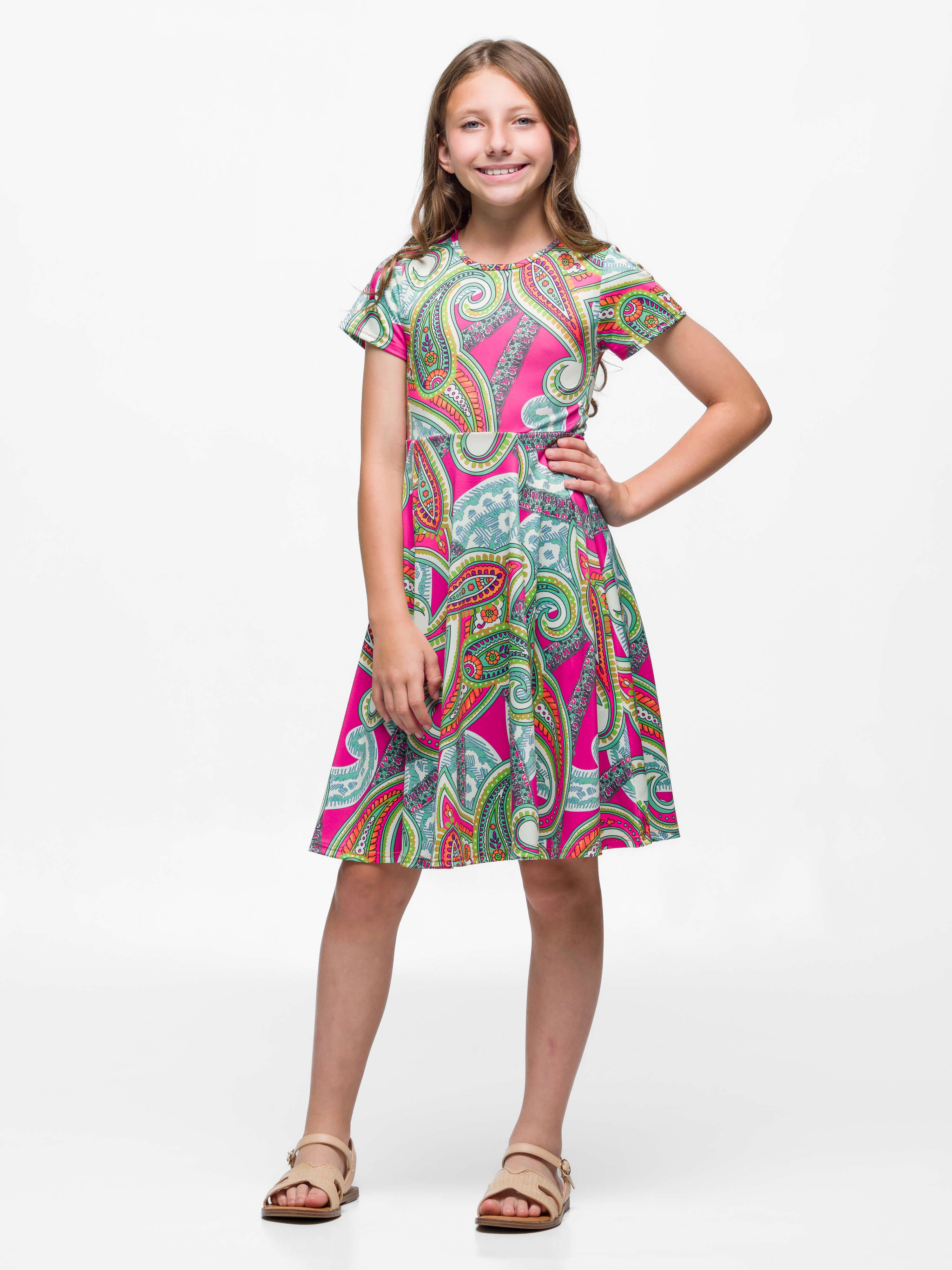 24sevenKid Girls Pink Paisley Print Short Sleeve Fit and Flare Dress