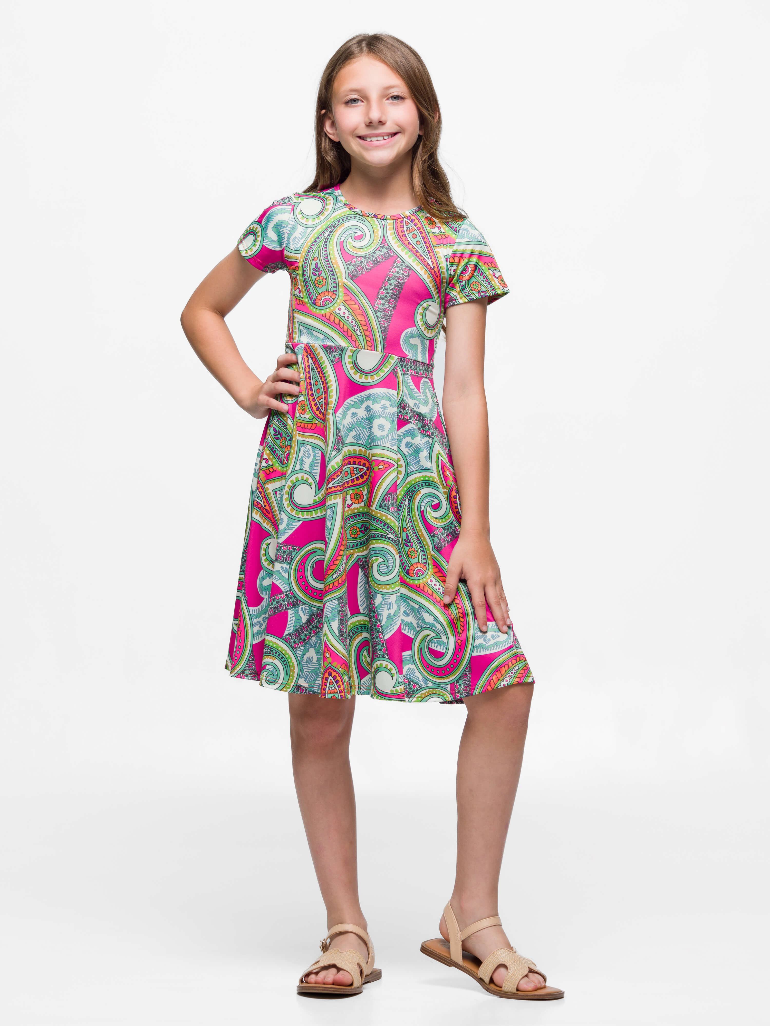 24sevenKid Girls Pink Paisley Print Short Sleeve Fit and Flare Dress