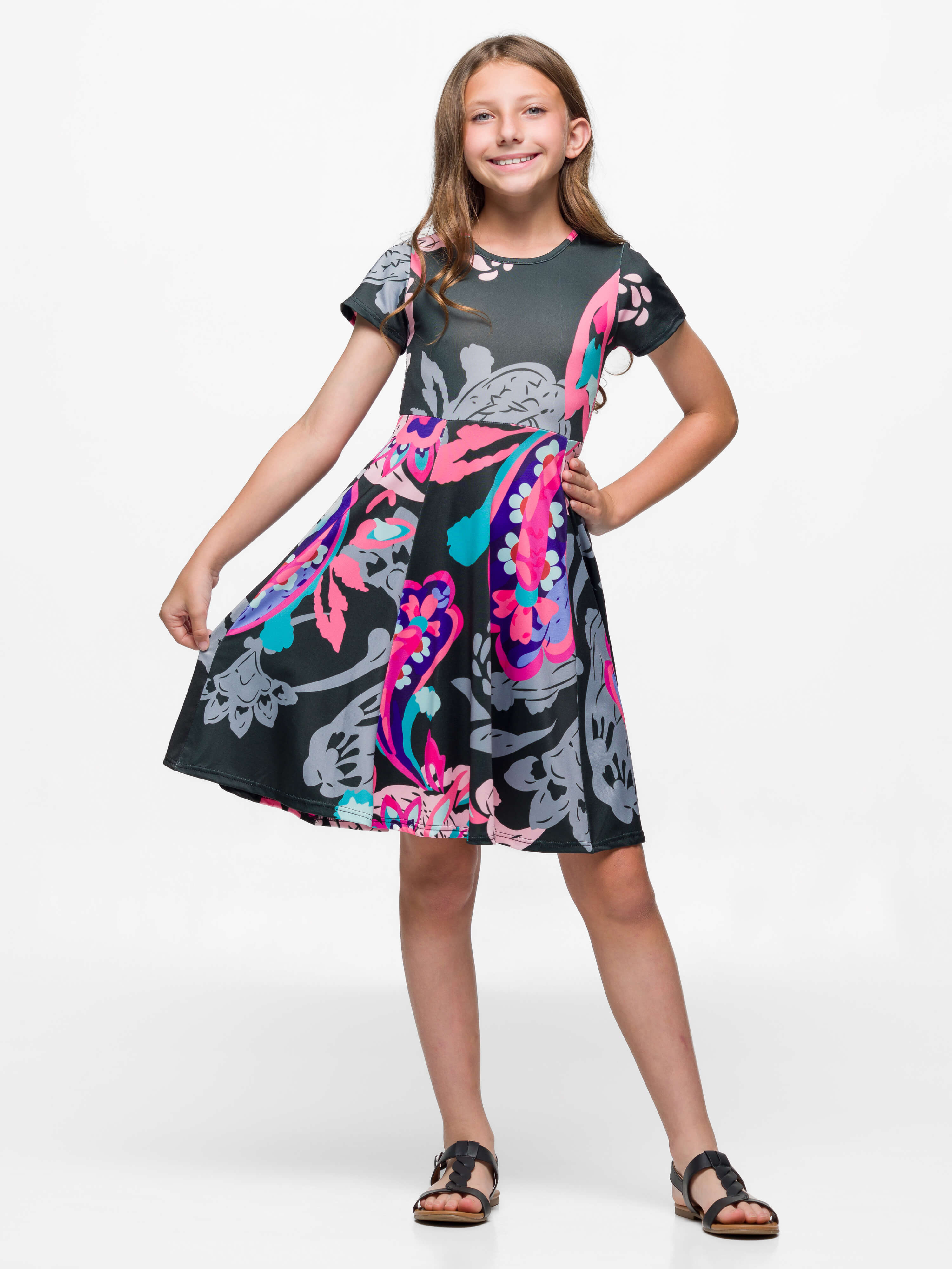 24sevenkid Girls Black and Pink Paisley Fit and Flare Knee Length Dress