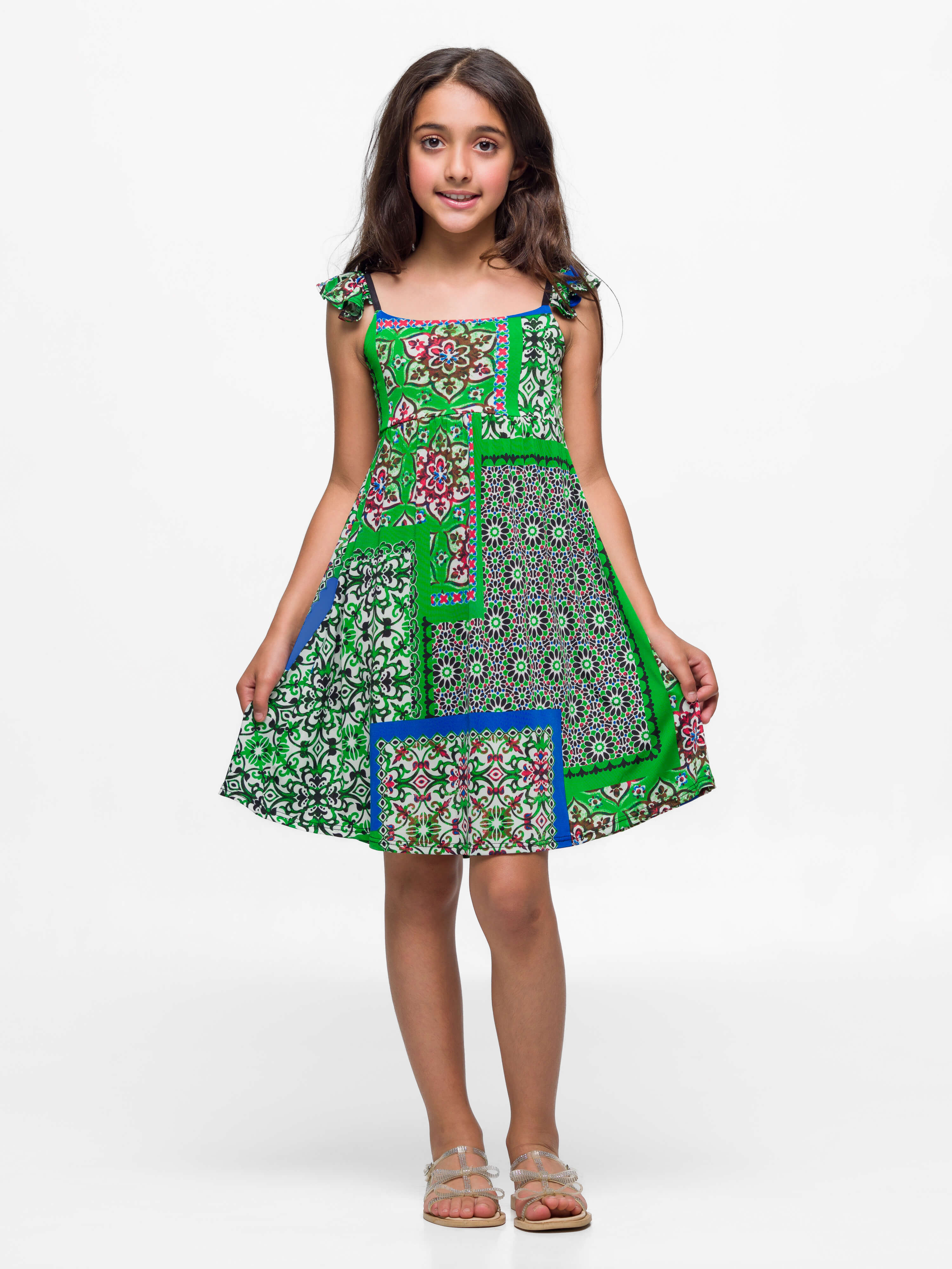 24sevenkid Girls Green Scarf Print Ruffle Summer Dress