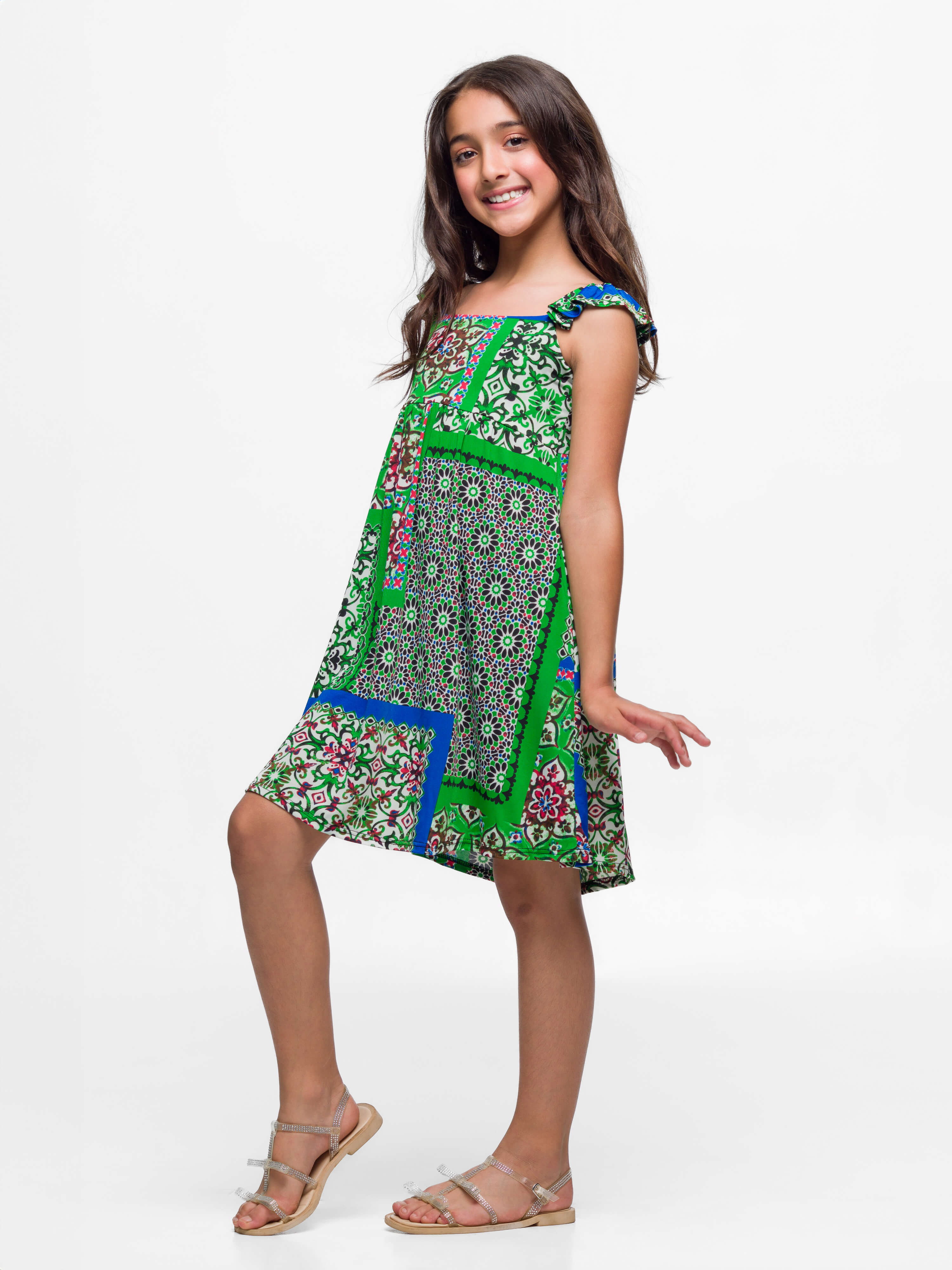 24sevenkid Girls Green Scarf Print Ruffle Summer Dress