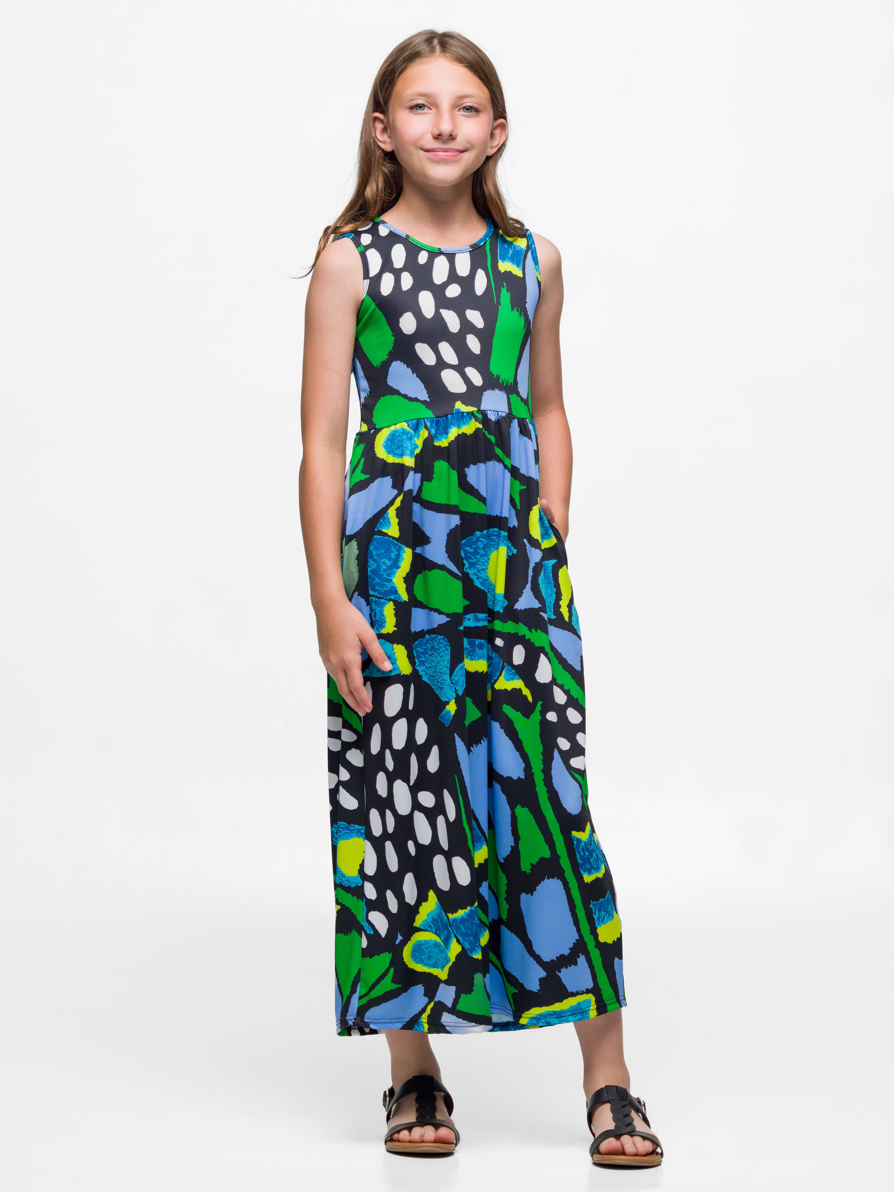 24sevenkid Girls Blue Butterfly Print Sleeveless Maxi Dress with Pockets