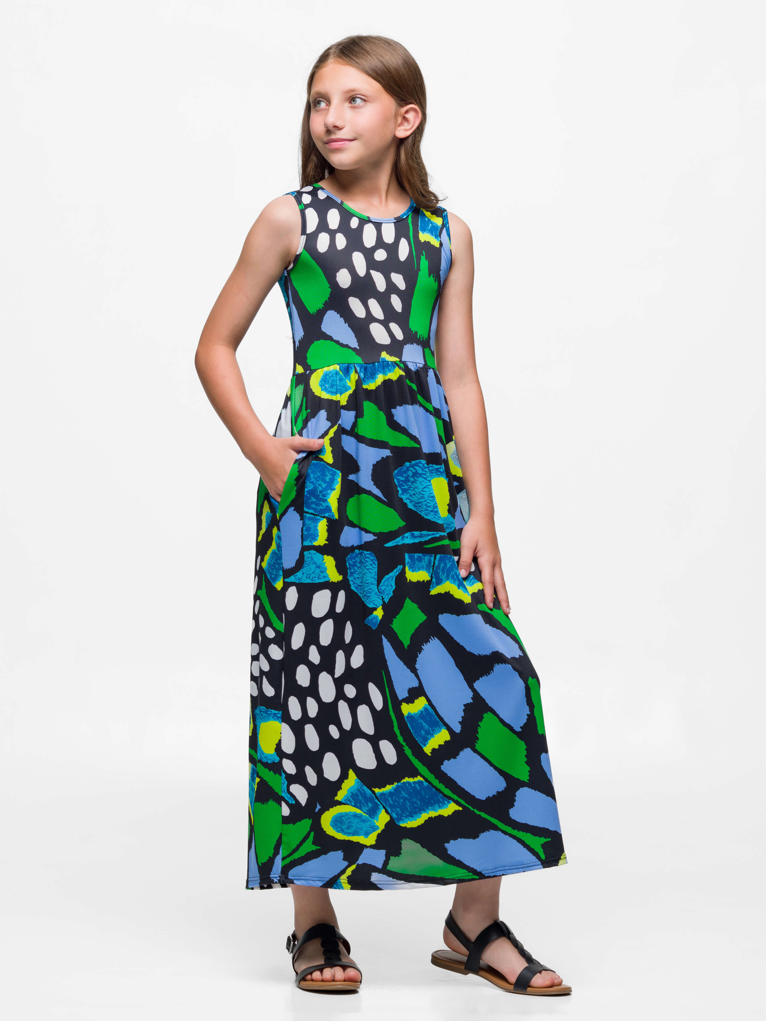24sevenkid Girls Blue Butterfly Print Sleeveless Maxi Dress with Pockets