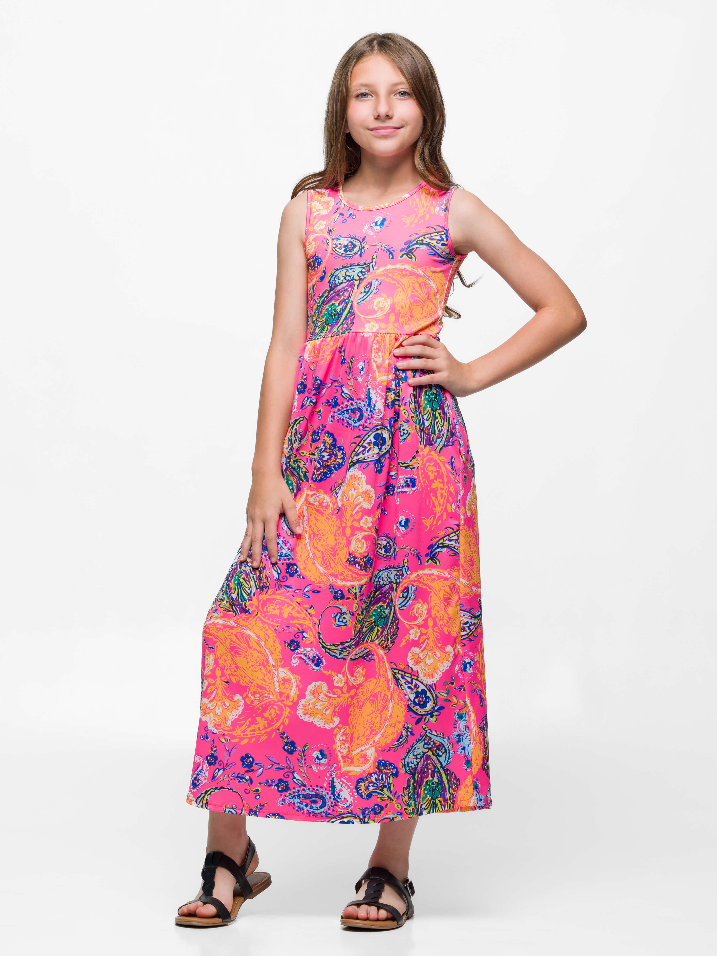 24sevenkid Girls Pink Paisley Print Sleeveless Maxi Dress with Pockets