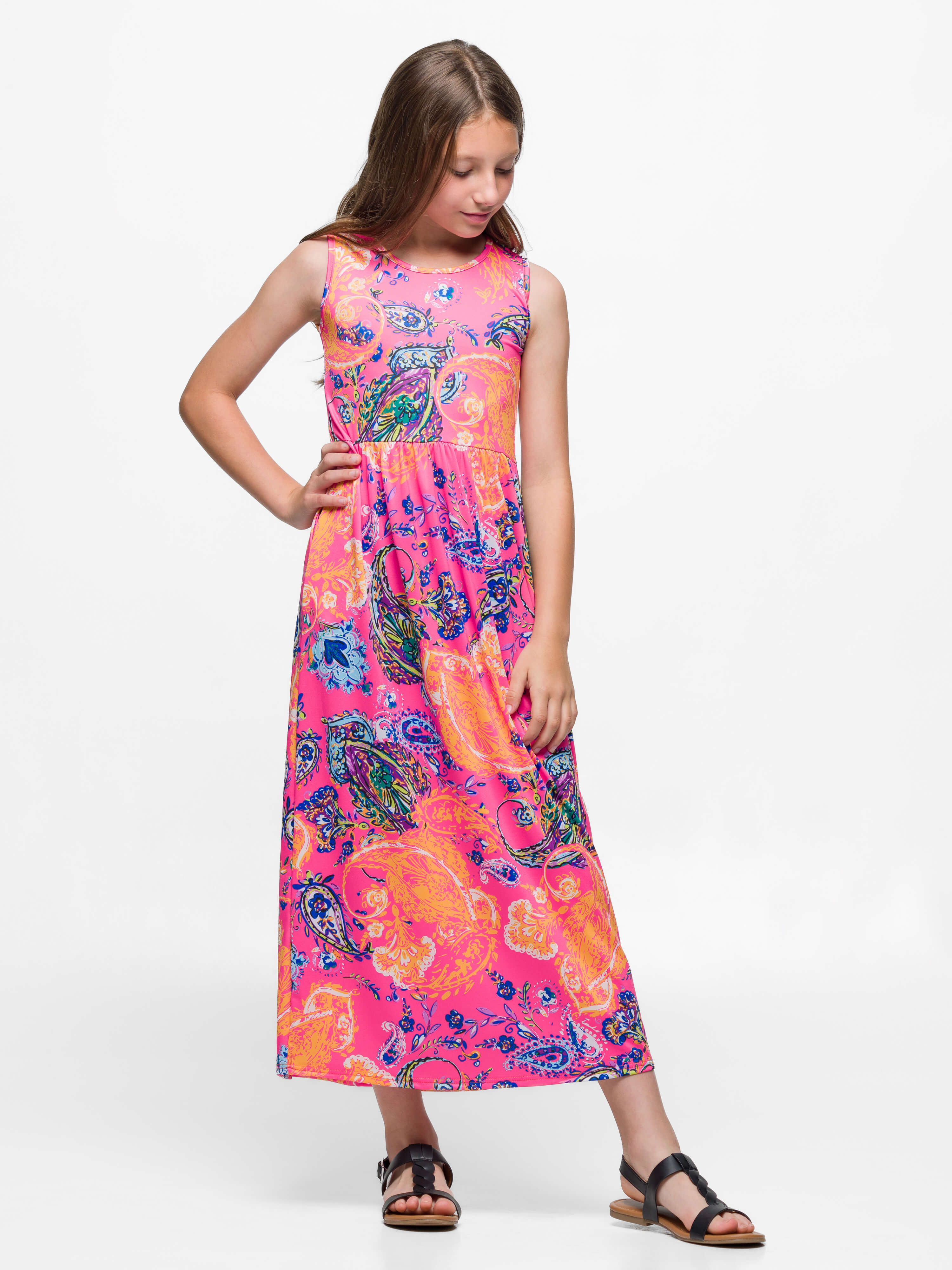24sevenkid Girls Pink Paisley Print Sleeveless Maxi Dress with Pockets