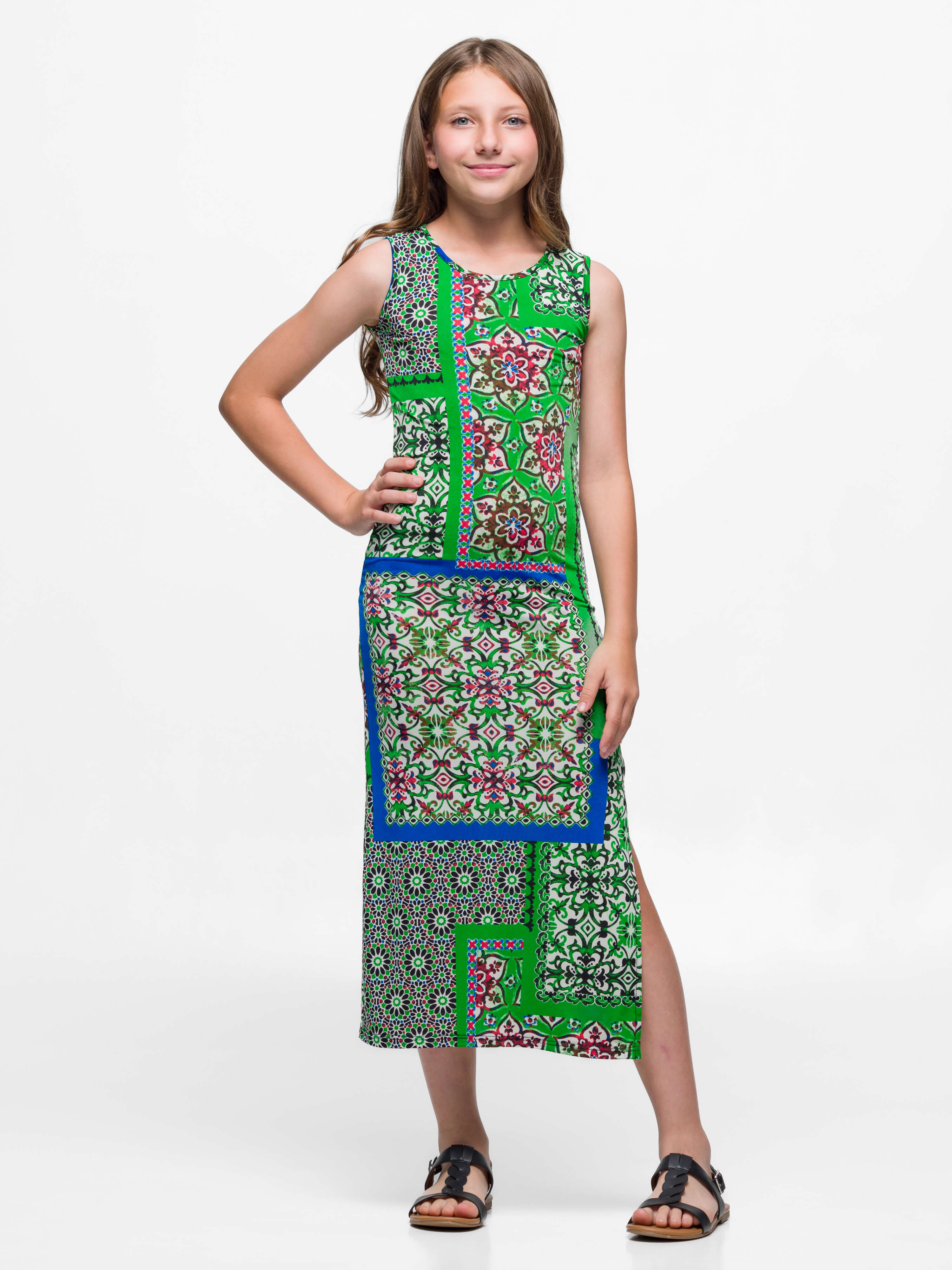 24sevenkid Girls Green Scarf Print Side Slit Maxi Dress