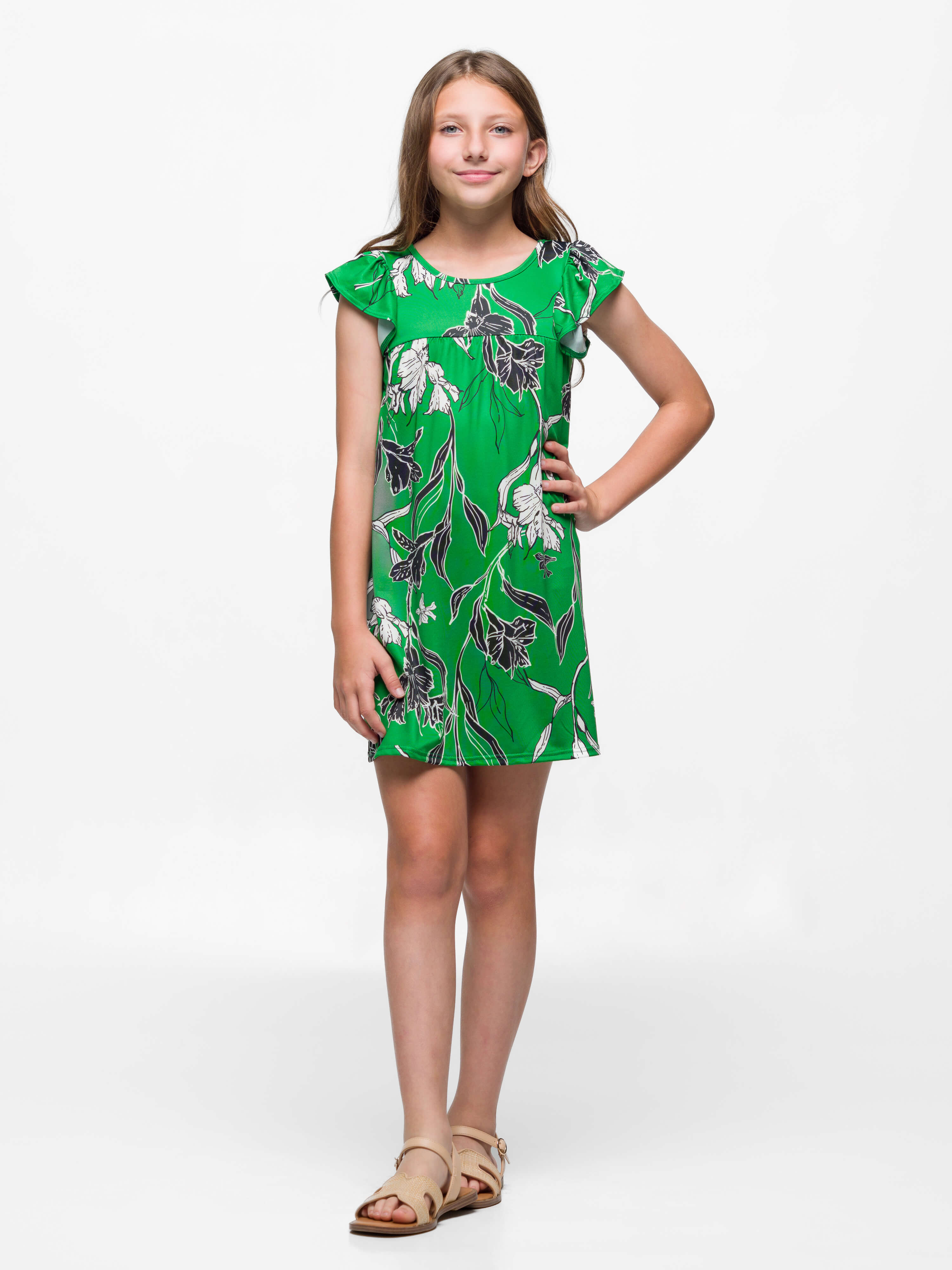 24sevenkid Girls Green Floral Print Cap Sleeve Babydoll Dress