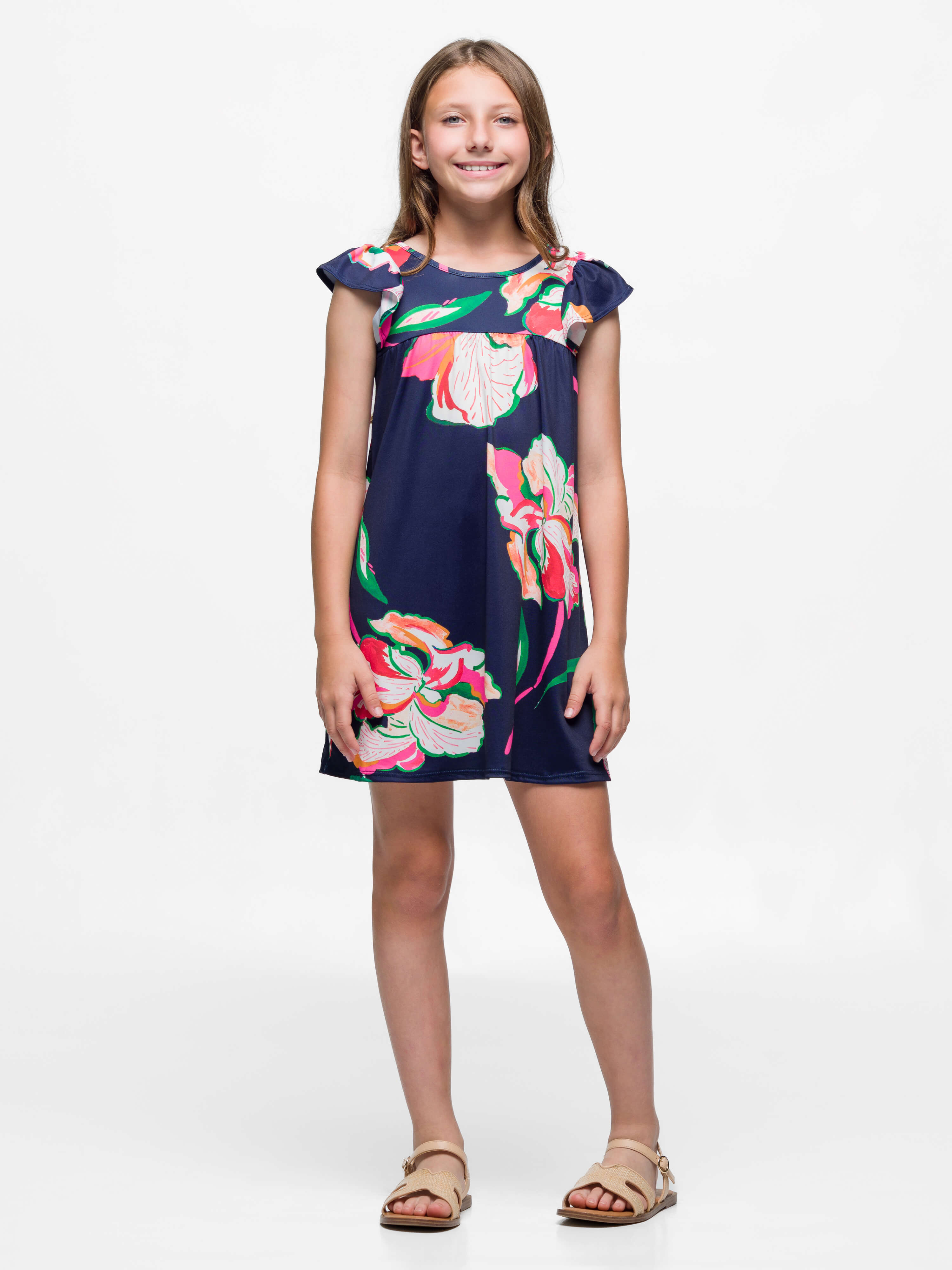 24sevenkid Girls Navy Blue Floral Print Cap Sleeve Babydoll Dress