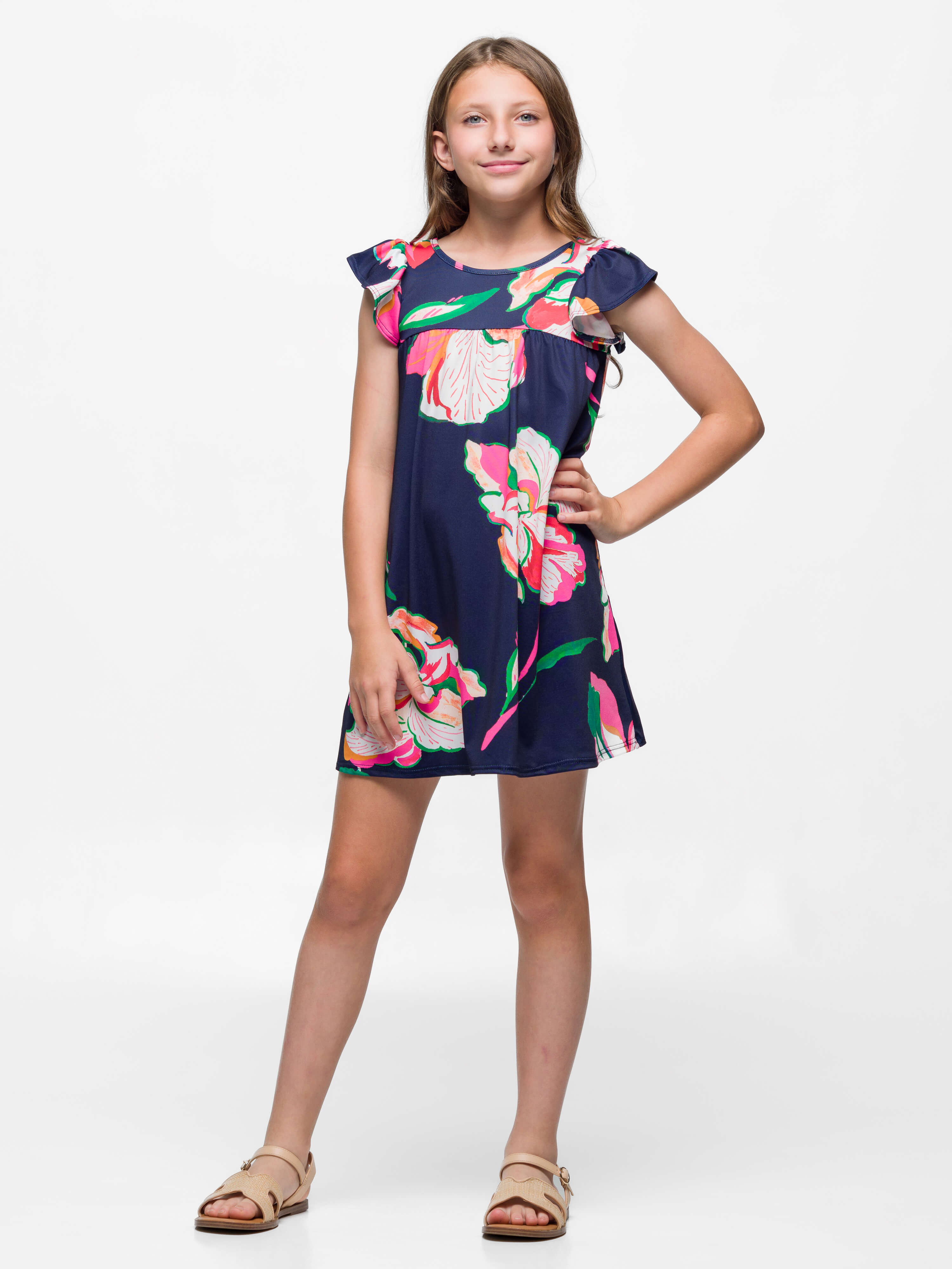 24sevenkid Girls Navy Blue Floral Print Cap Sleeve Babydoll Dress
