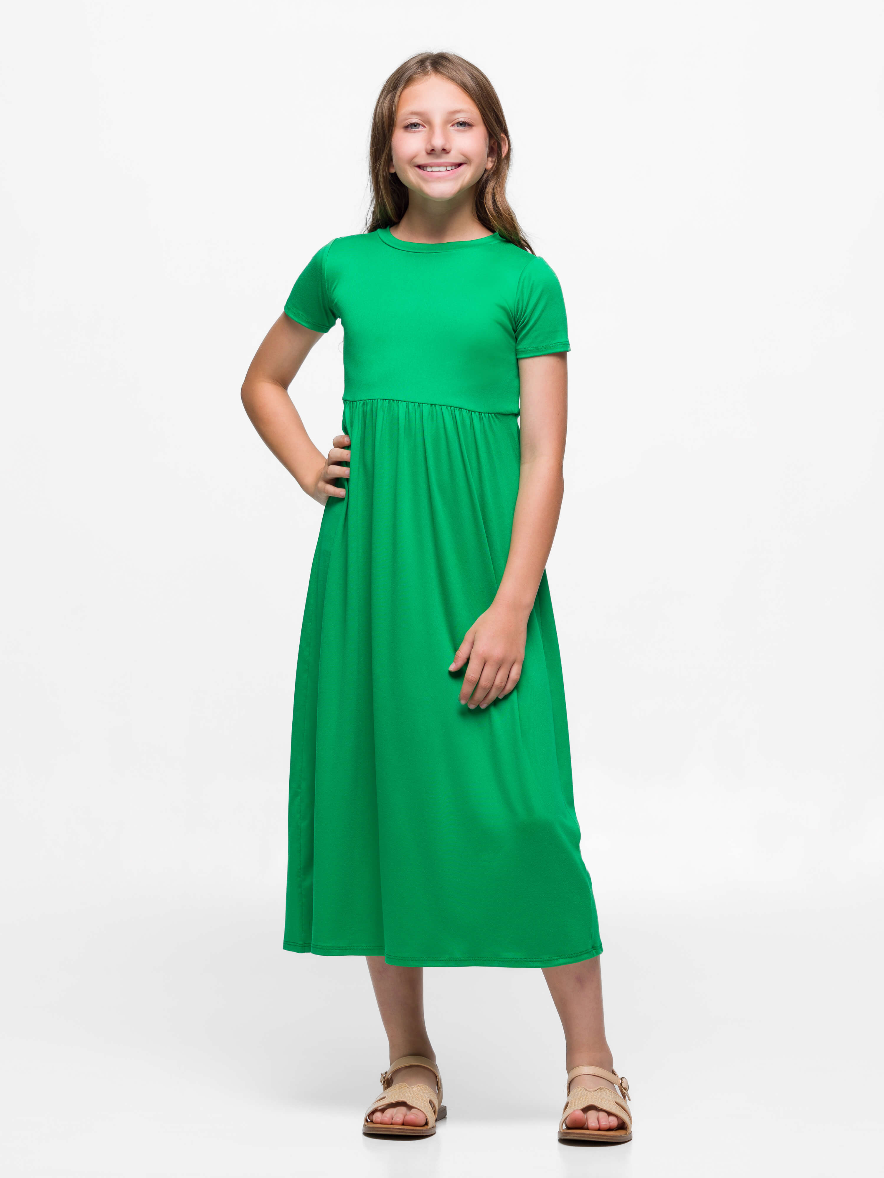 24seven Comfort Apparel Girls Short Sleeve Pleated Midi Dress