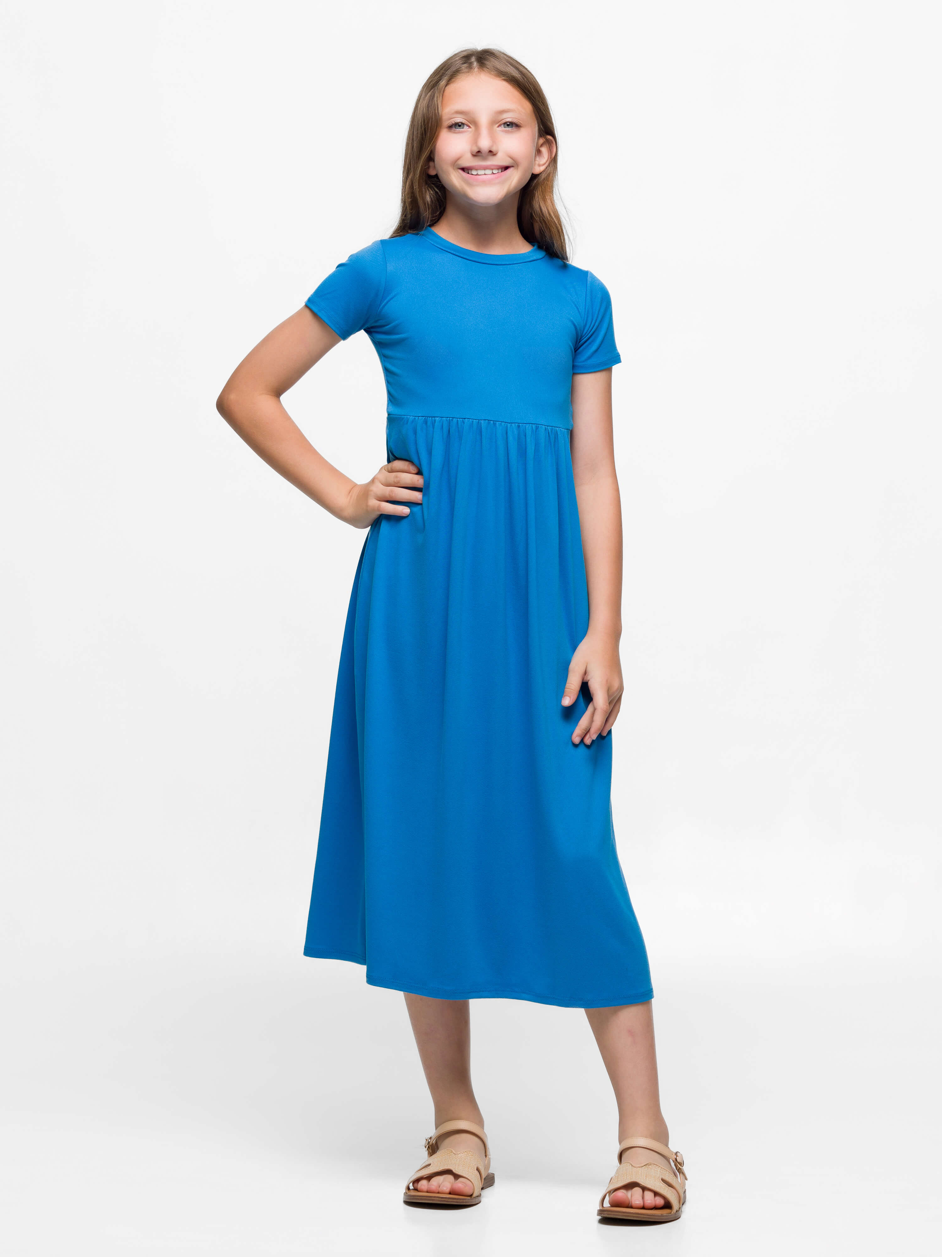 24seven Comfort Apparel Girls Short Sleeve Pleated Midi Dress