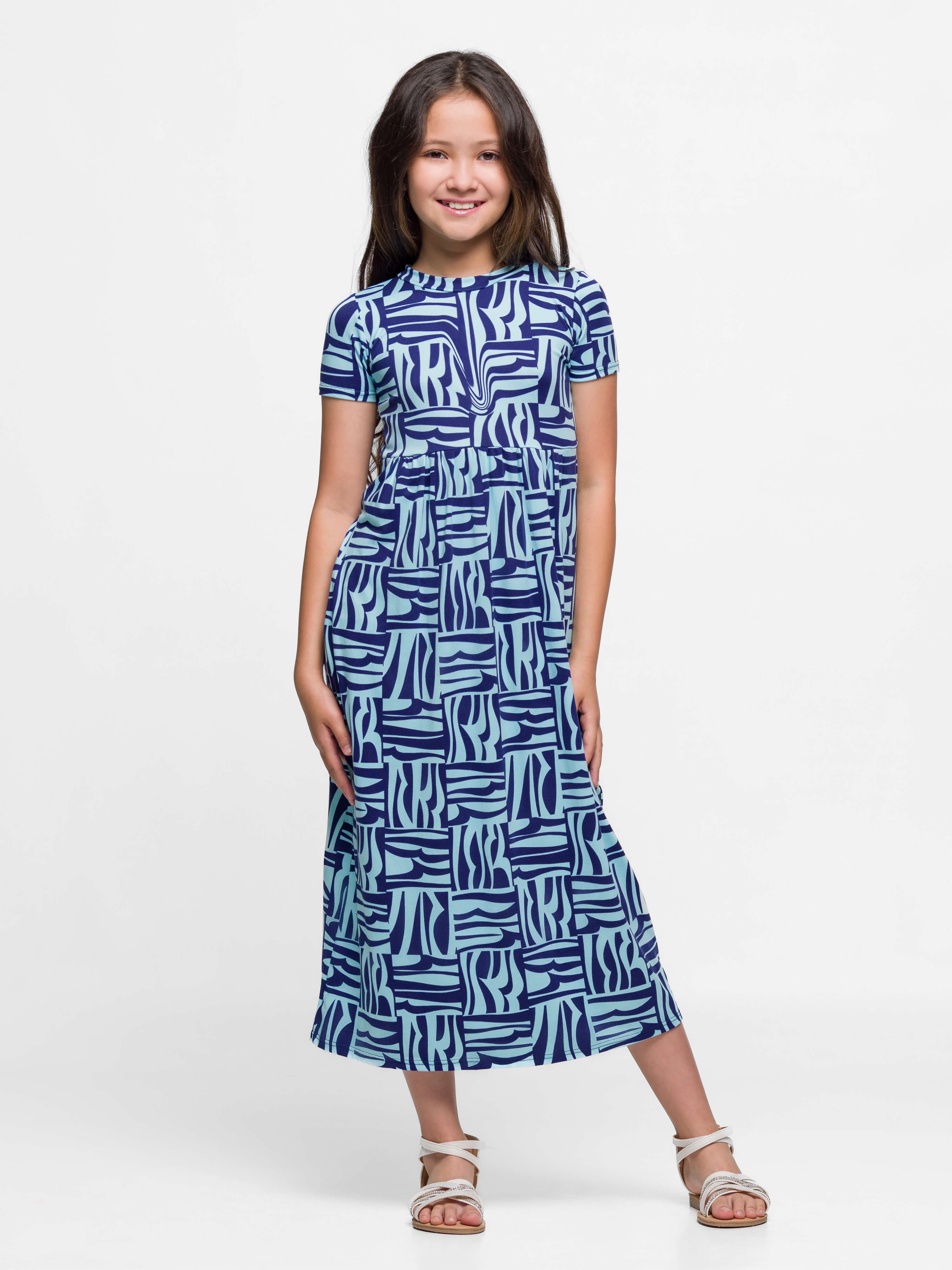 24sevenkid Girls Short Sleeve Blue Geo Print Maxi Dress