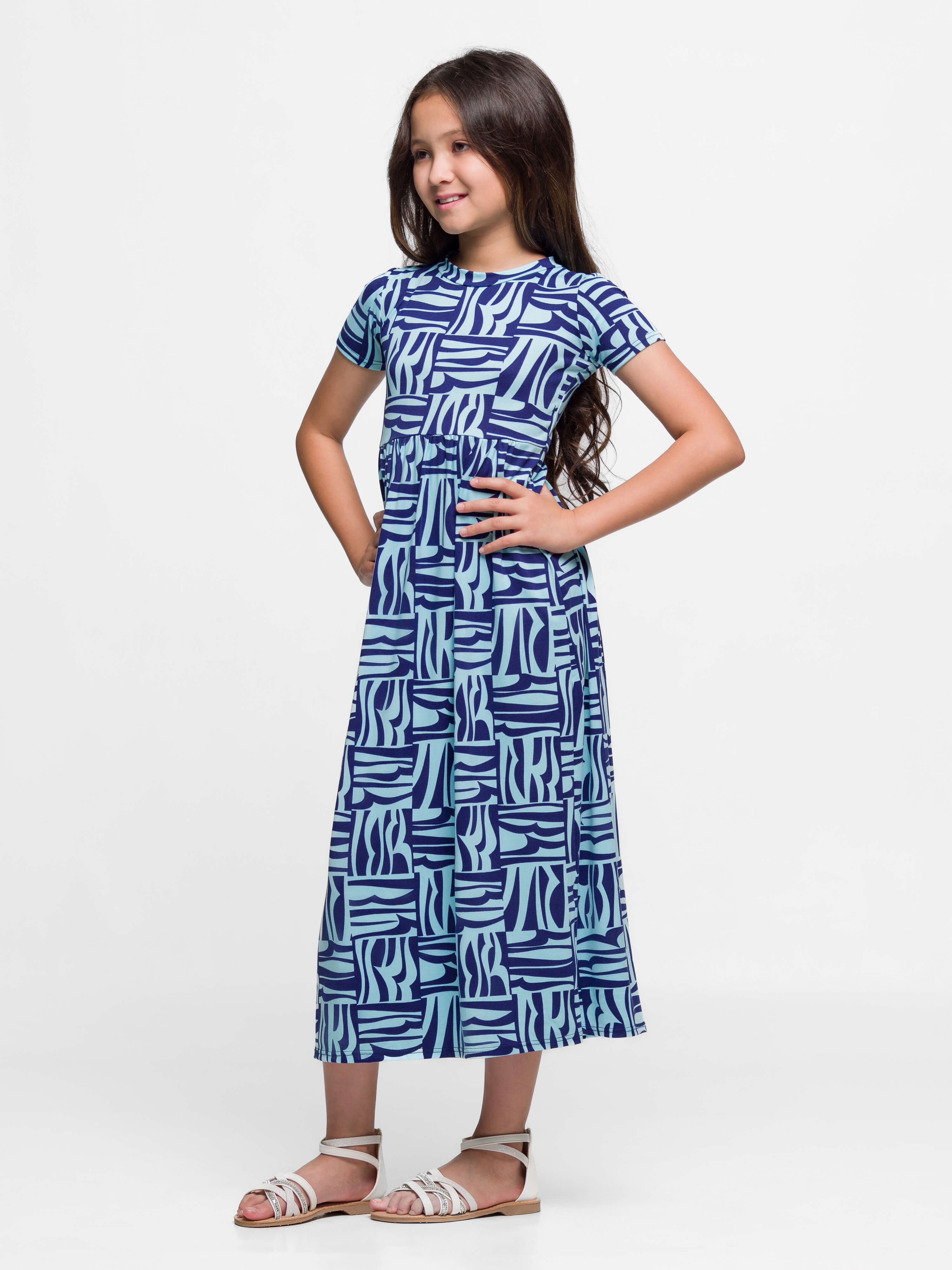 24sevenkid Girls Short Sleeve Blue Geo Print Maxi Dress