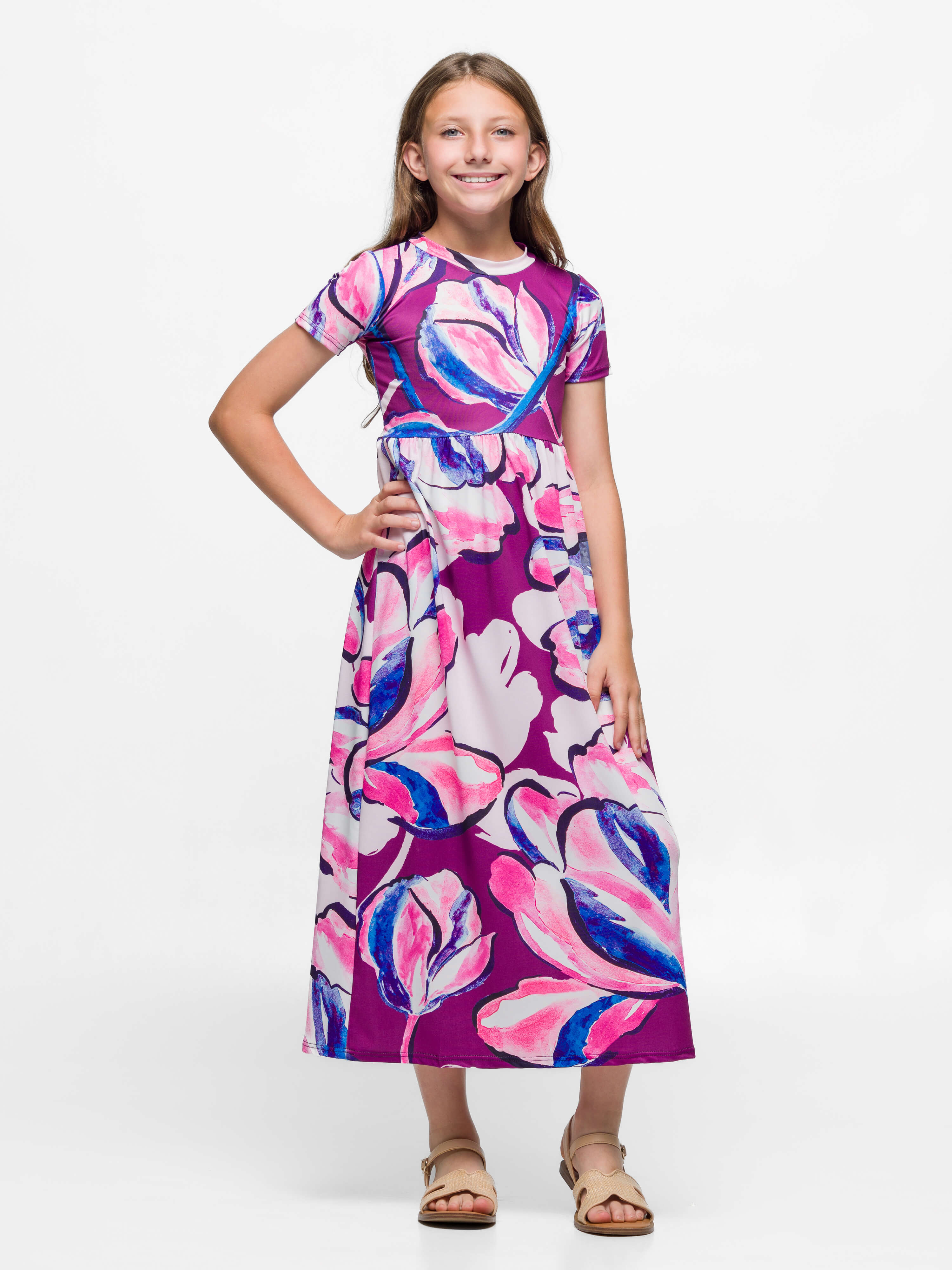 24sevenkid Girls Purple Floral Print Short Sleeve Maxi Dress