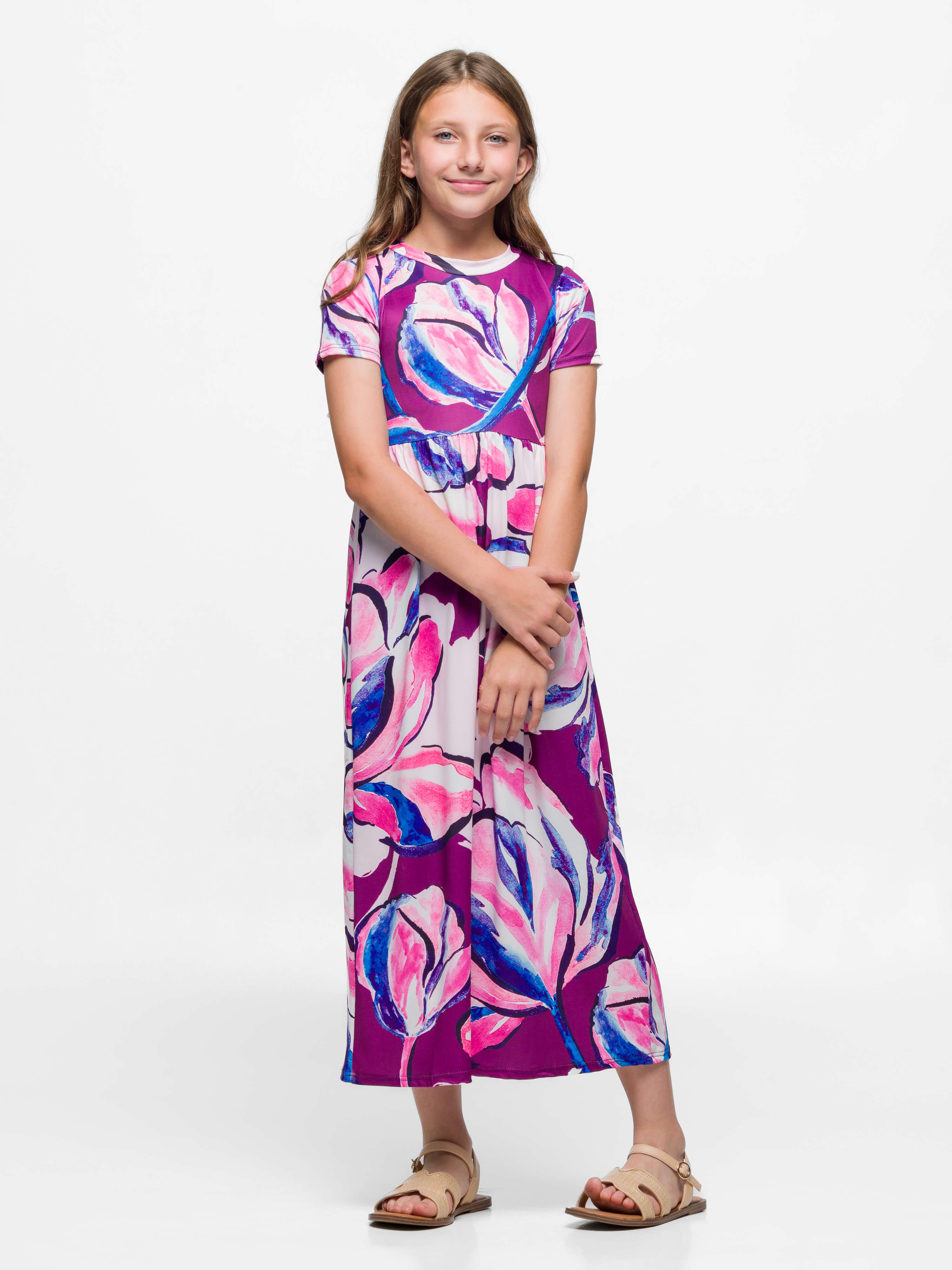 24sevenkid Girls Purple Floral Print Short Sleeve Maxi Dress