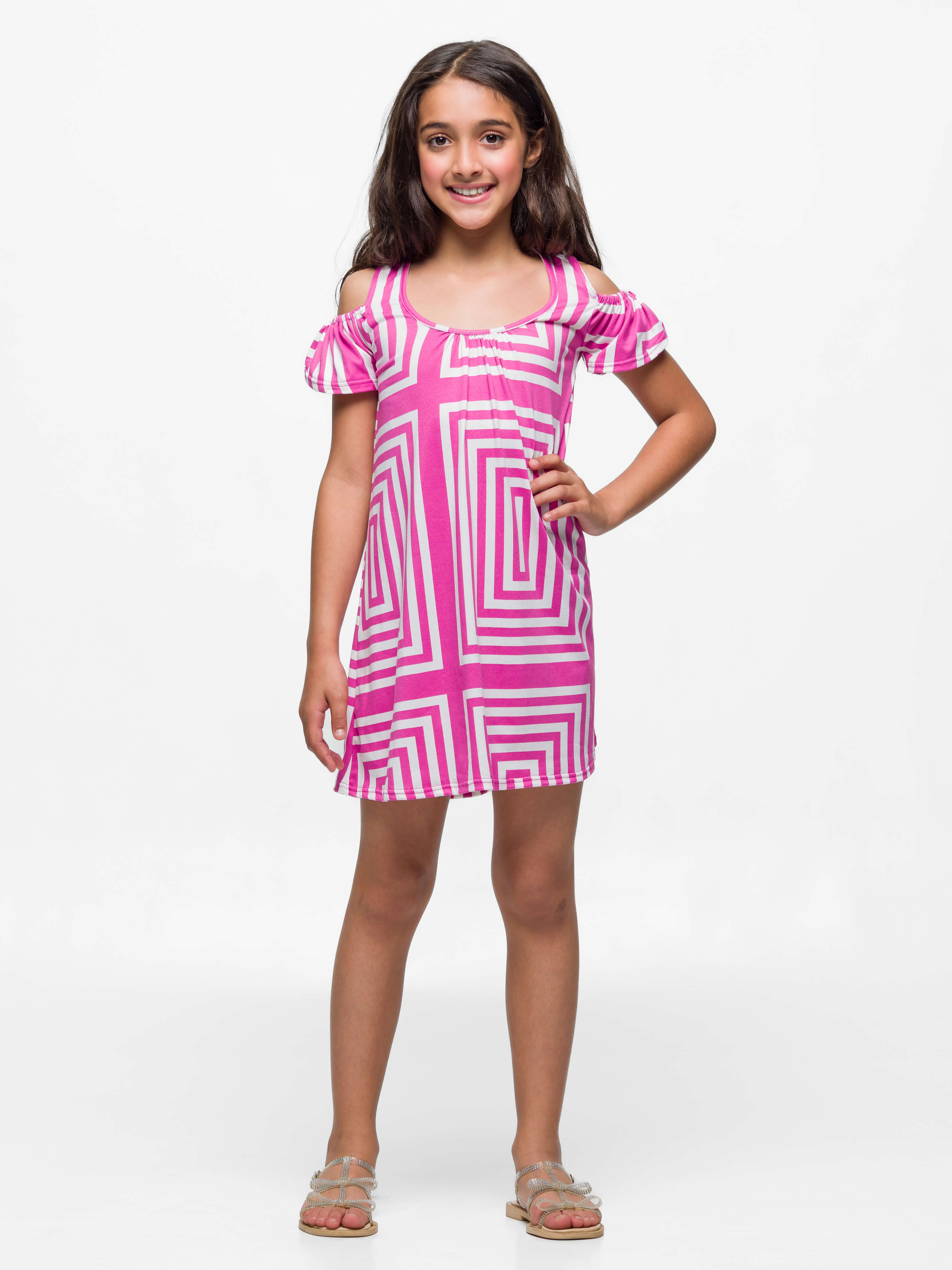 24sevenkid Girls Pink Print Cold Shoulder A Line Dress