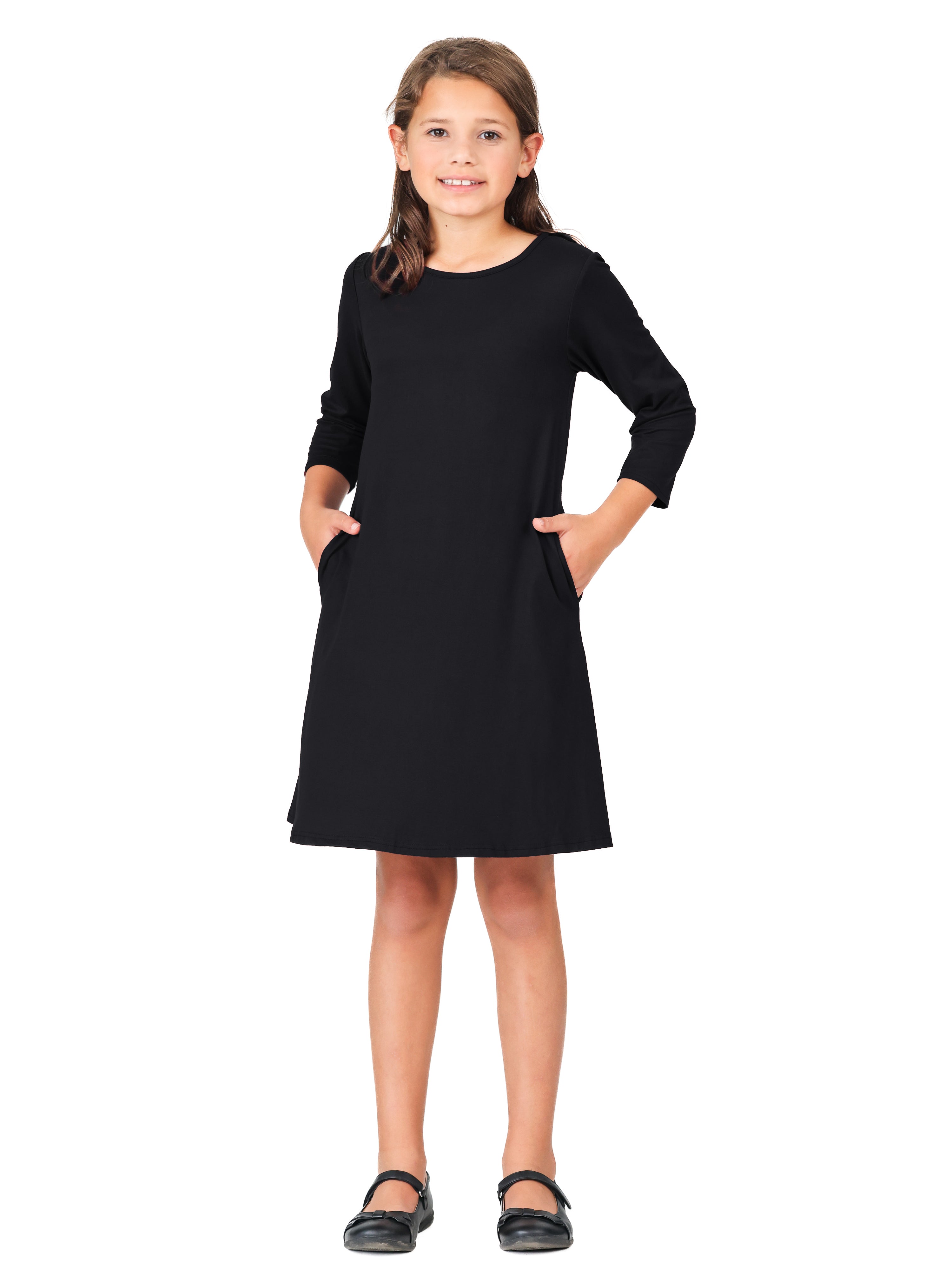 Girls Long Sleeve Loose Fit Knee Length Tunic Pocket Dress