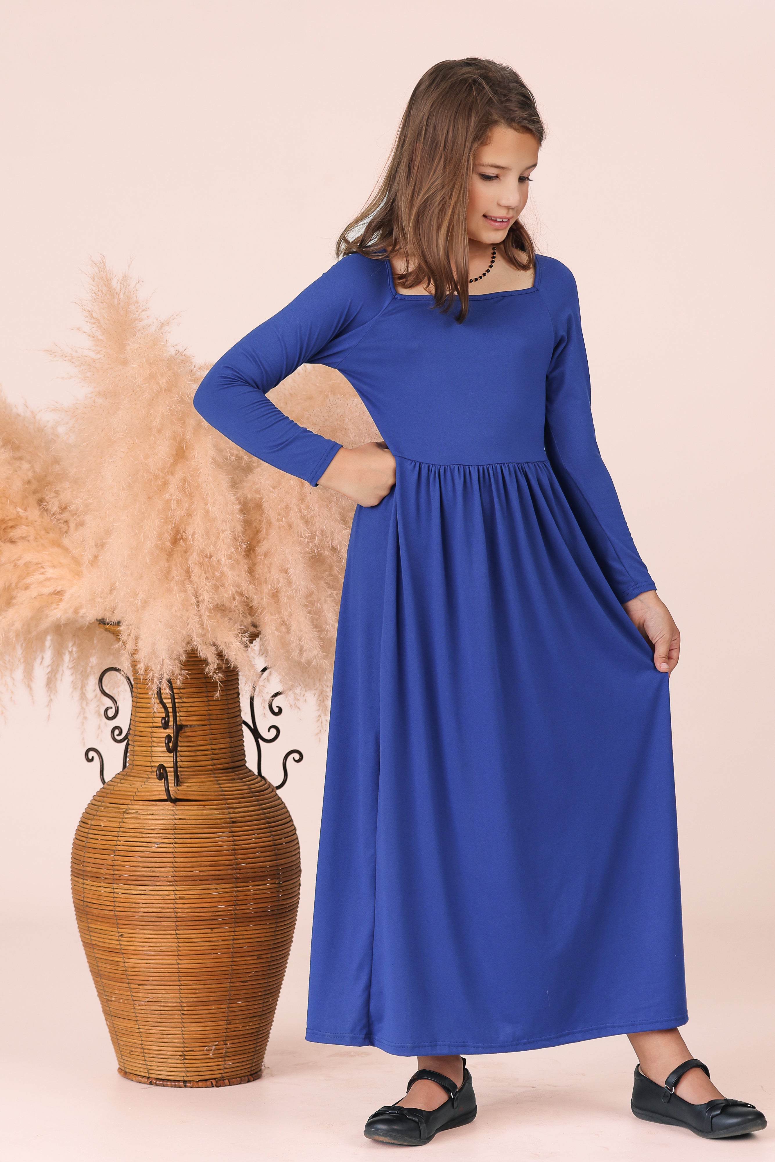 Girls Long Sleeve Pleated Maxi Dress Solid Color