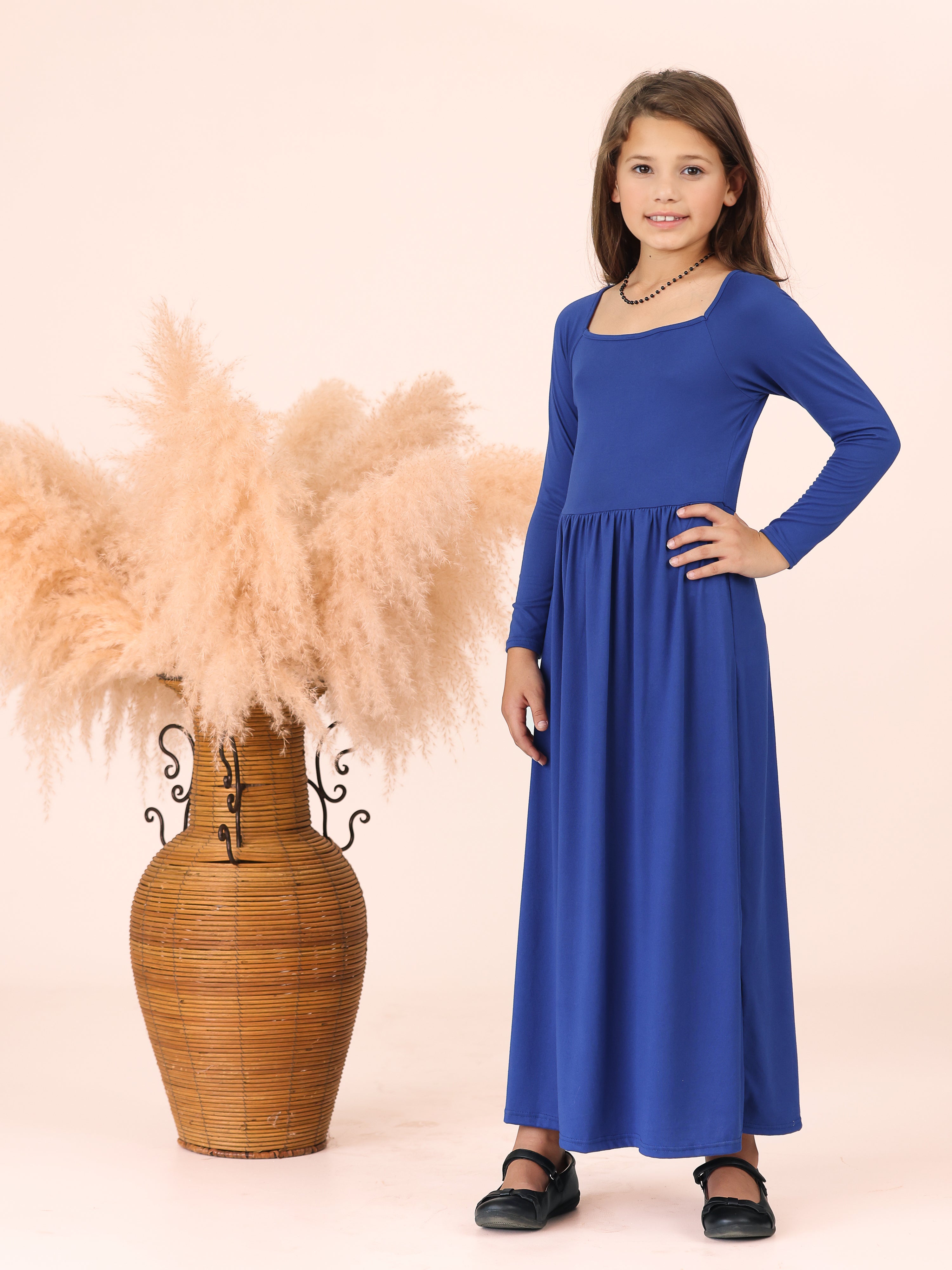 Girls Long Sleeve Pleated Maxi Dress Solid Color