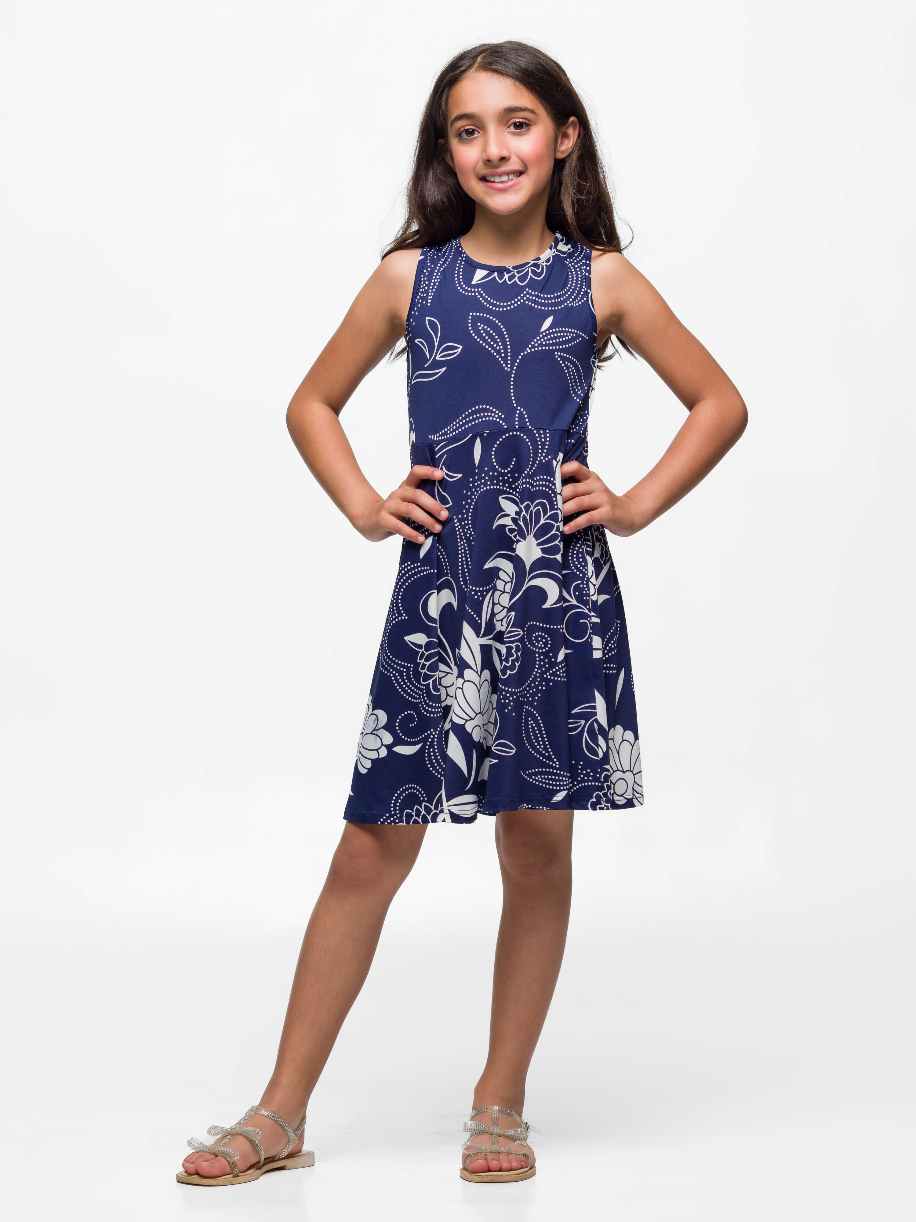 24sevenkid Girls Navy Blue Floral Fit and Flare Dress