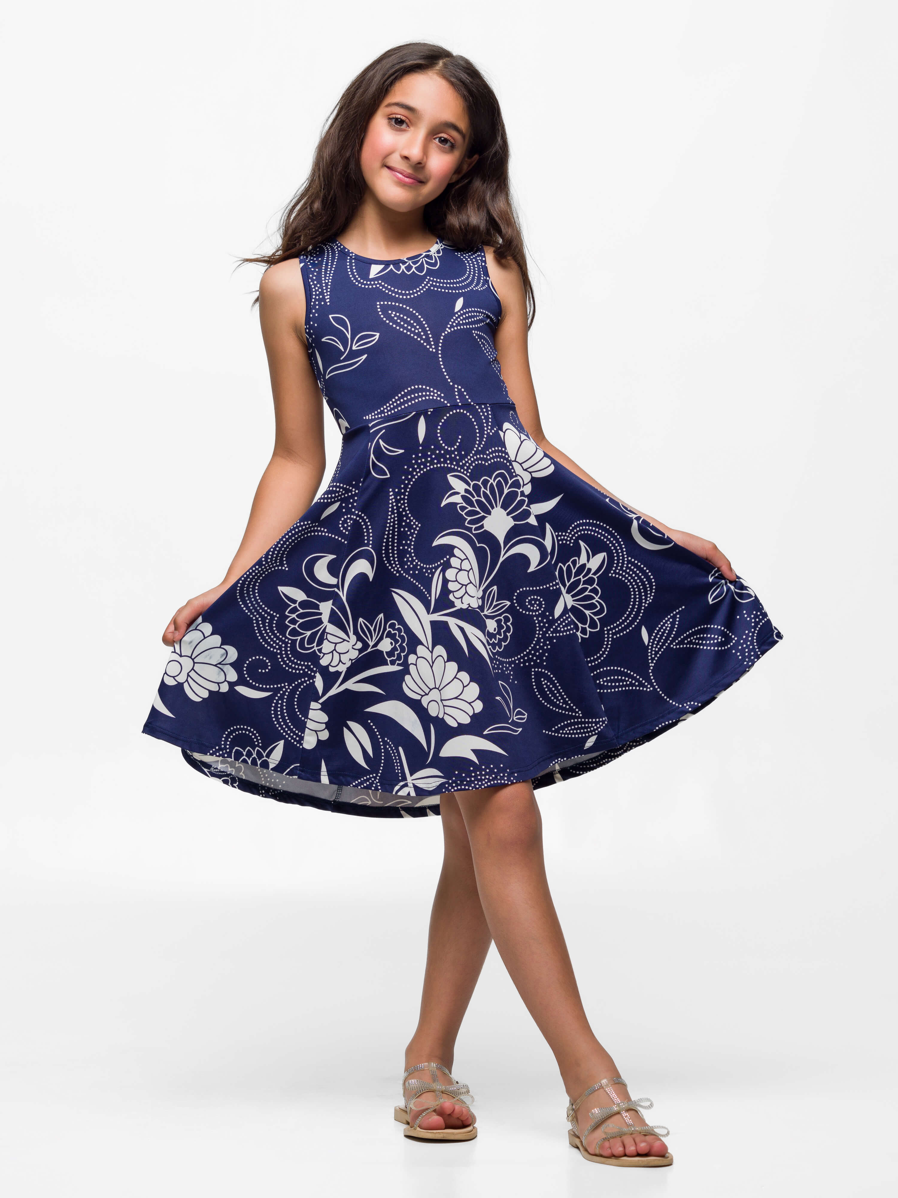 24sevenkid Girls Navy Blue Floral Fit and Flare Dress
