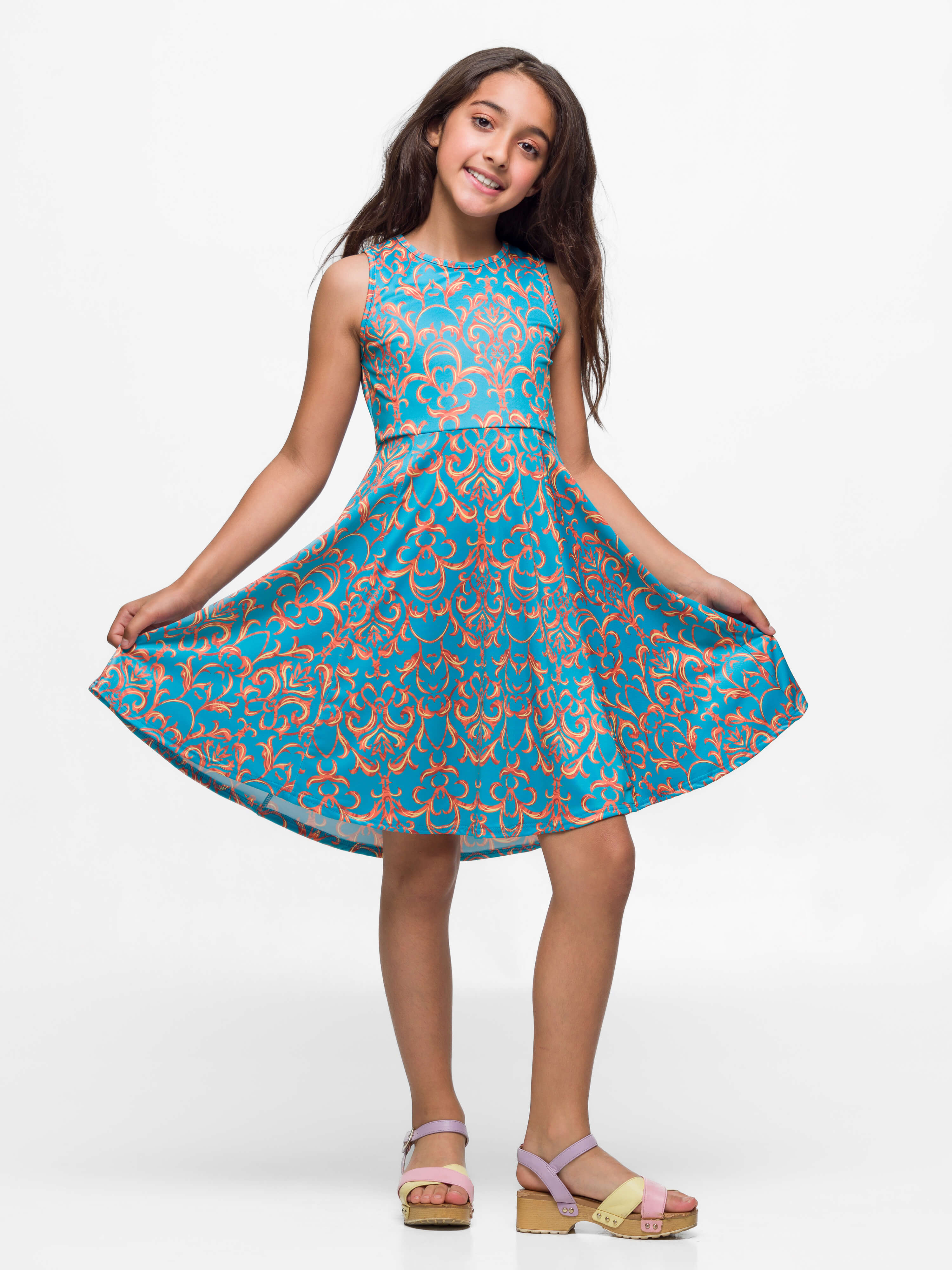 24sevenkid Girls Sky Blue and Orange Print Fit and Flare Dress