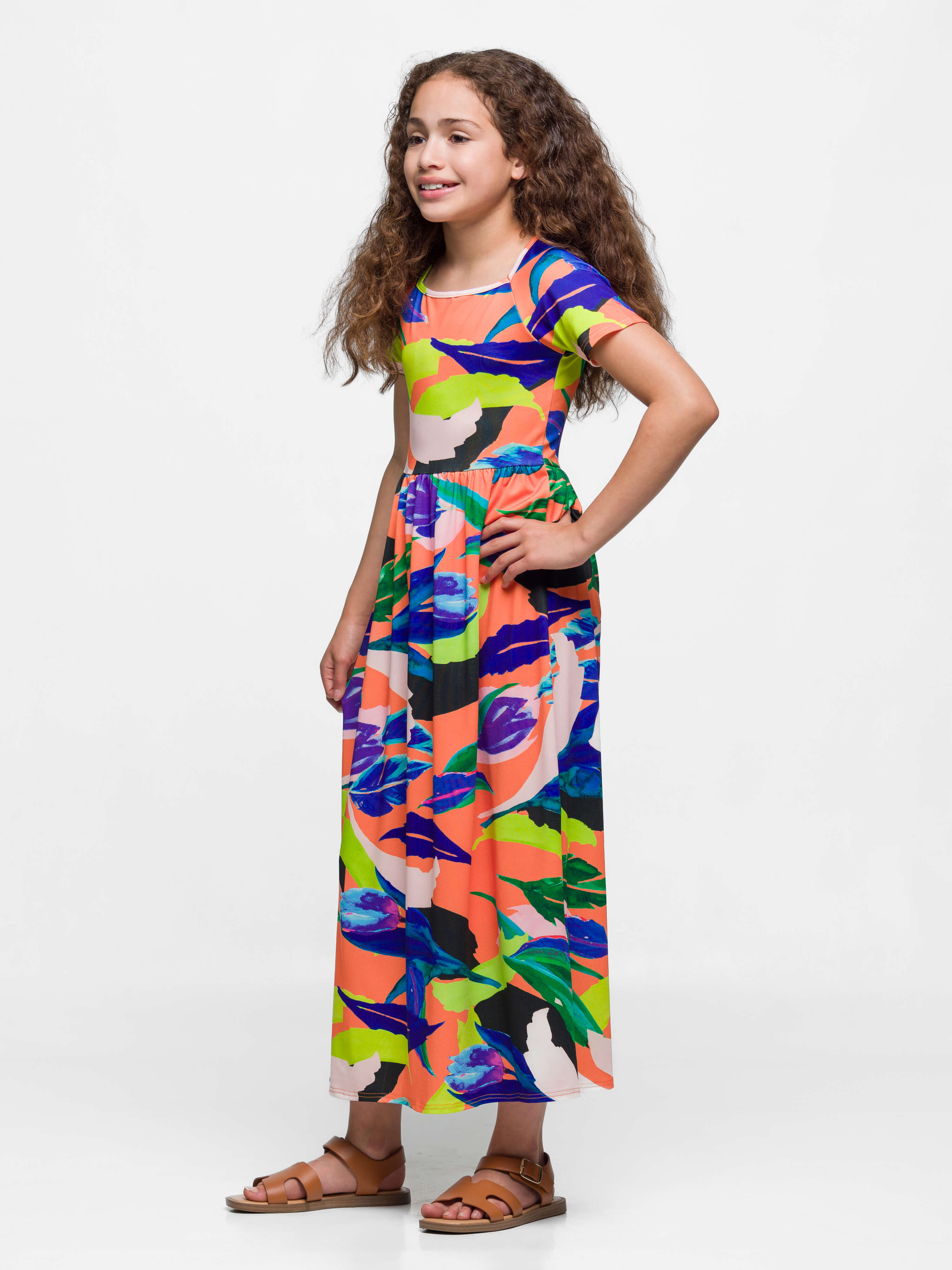 24sevenkid Girls Bright Floral Print Short Sleeve Maxi Dress