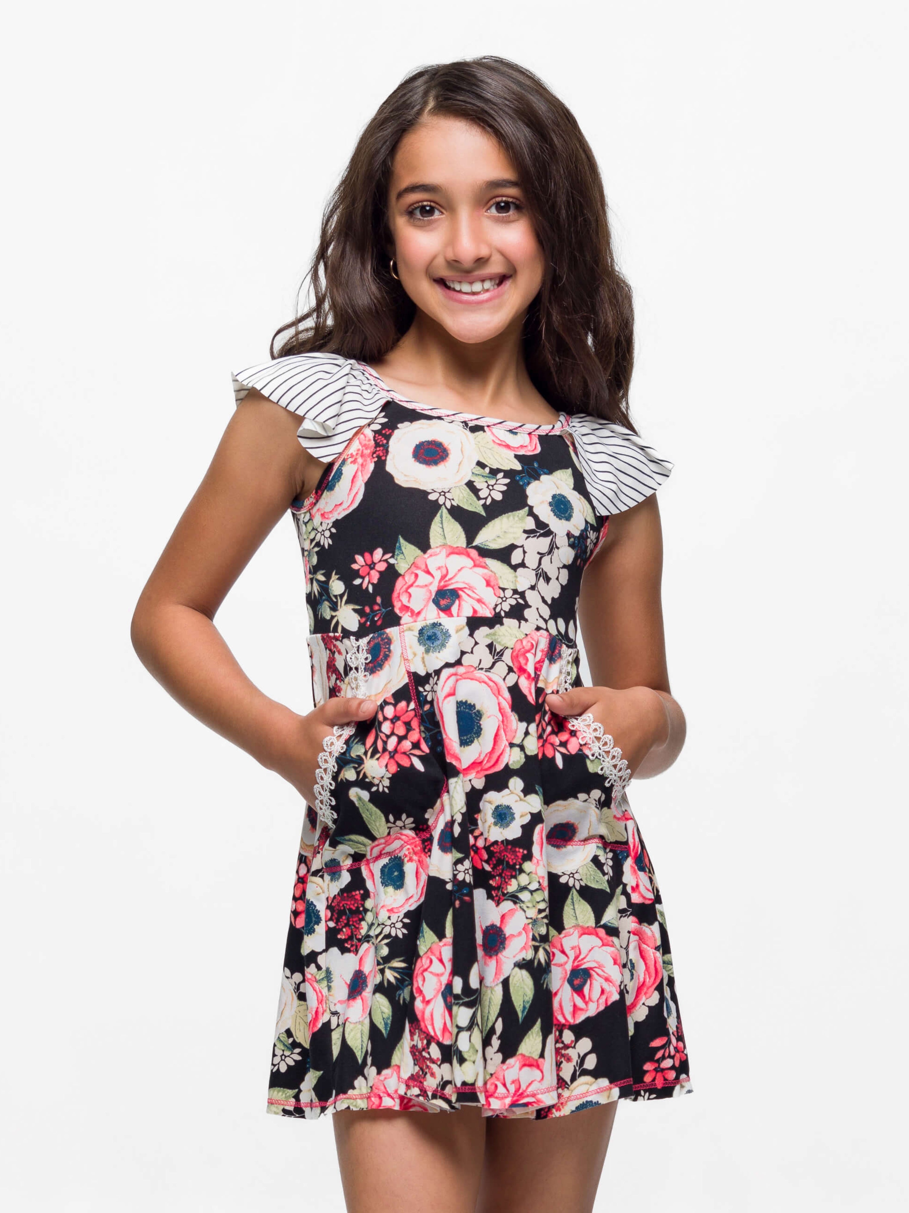 24seven Comfort Apparel Knee Length Girls Black Floral Pocket Dress