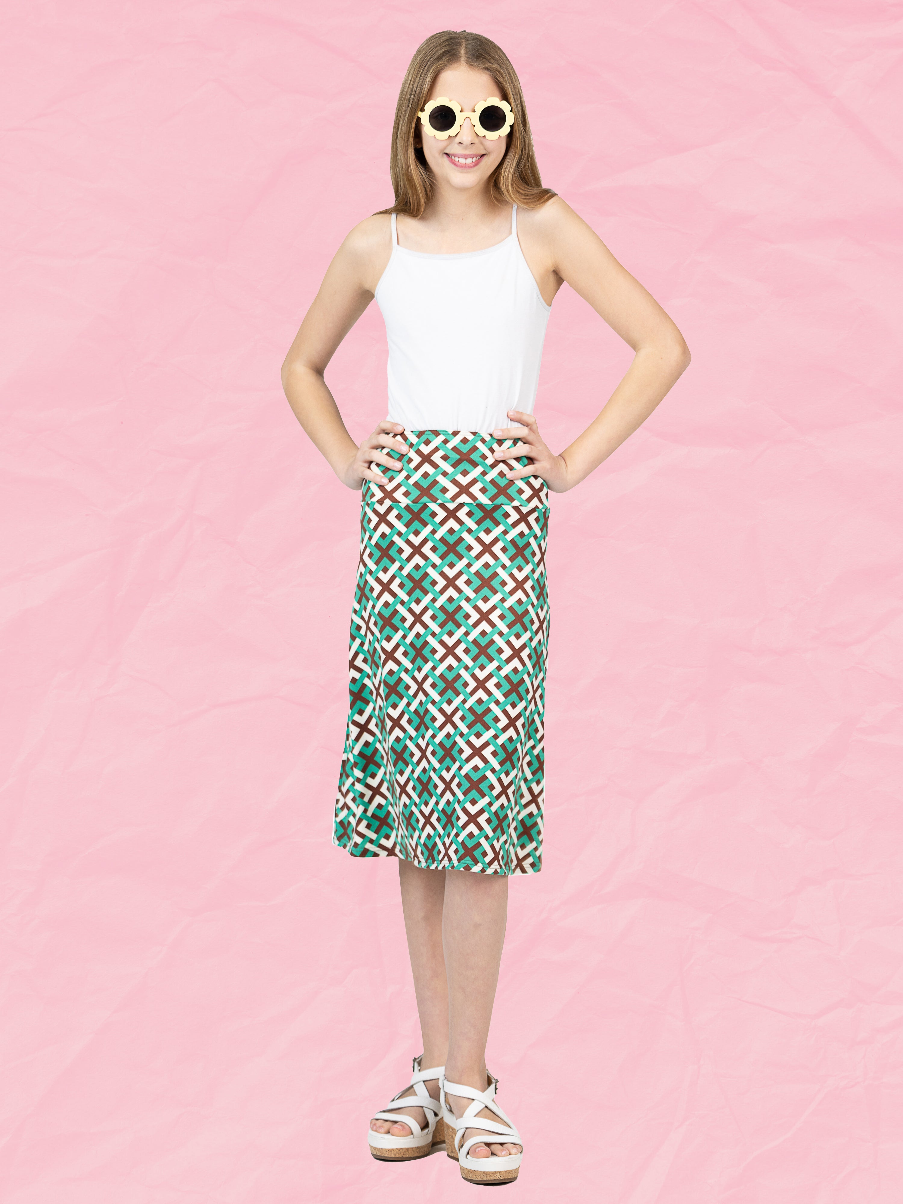 Green Geo Print Girls Knee Length Skirt