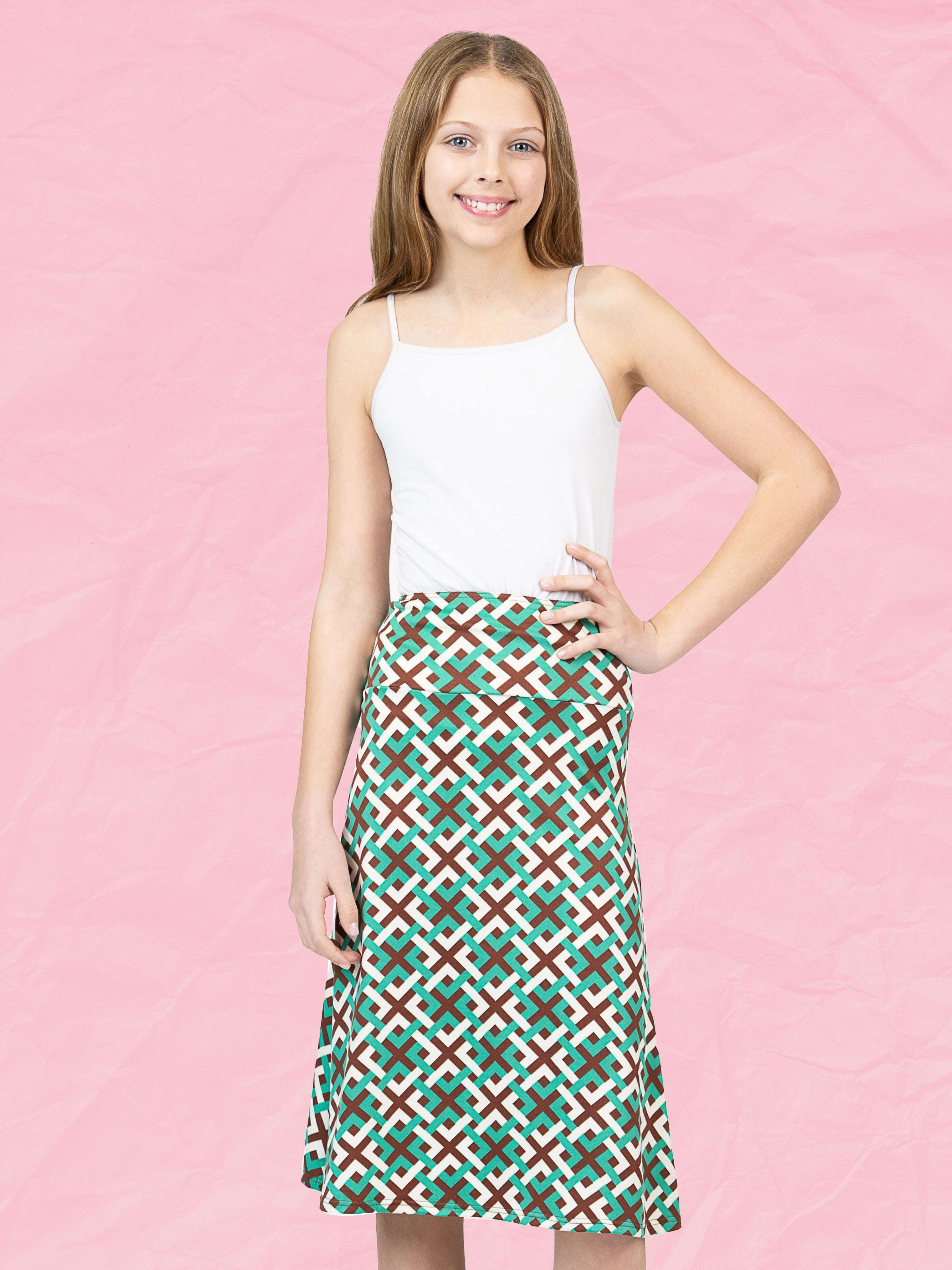 Green Geo Print Girls Knee Length Skirt